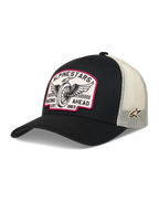 Alpinestars Heritage Patch Trucker-Mütze, Schwarz und Natural, Vintage-Rennsport-Logo-Patch, Poly-Mesh-Gewebe.