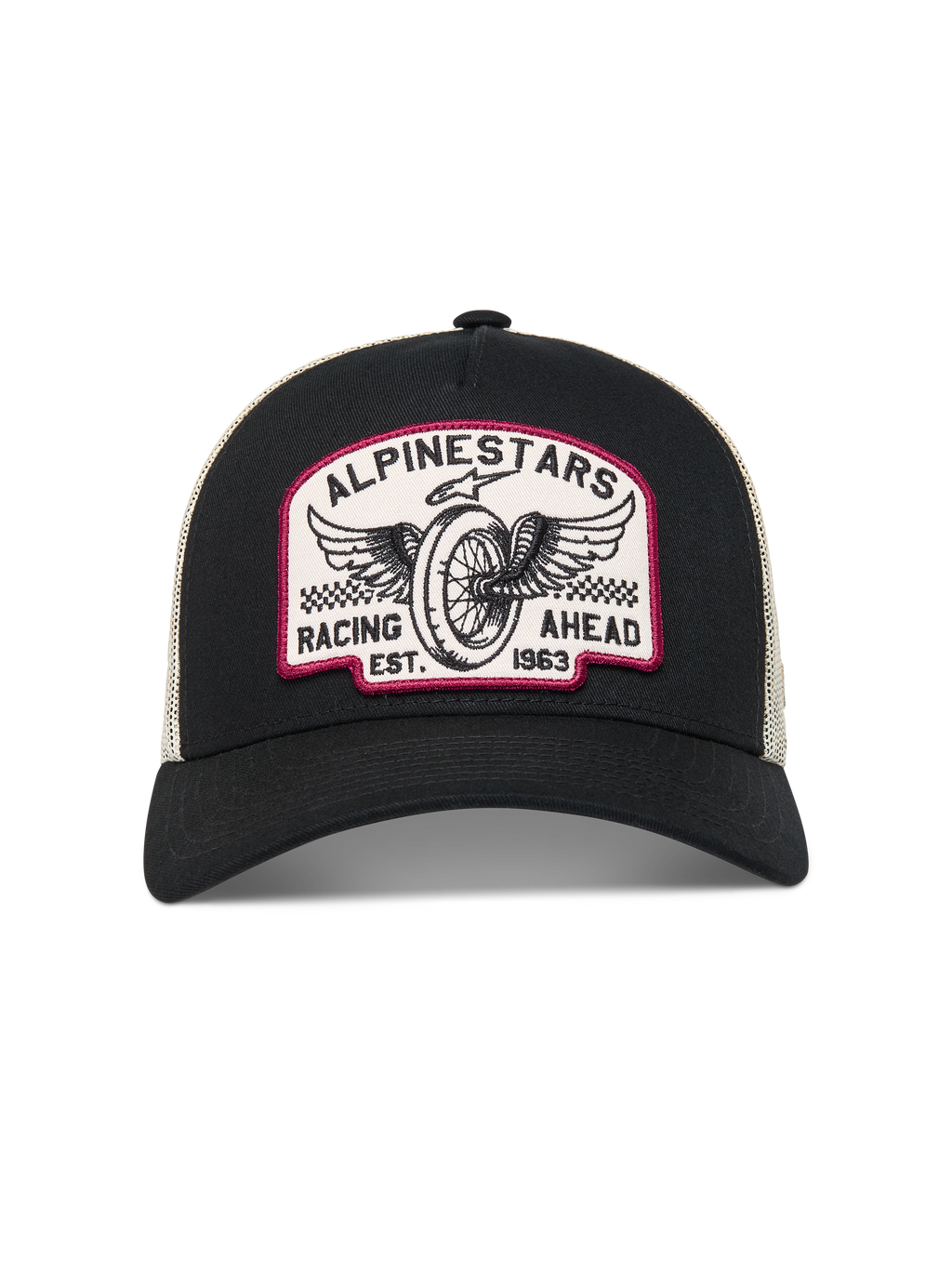 Alpinestars Heritage Patch Trucker-Mütze, Kappe in Schwarz und Natur mit Vintage-Stickerei-Patch, Motorsport-Lifestyle.