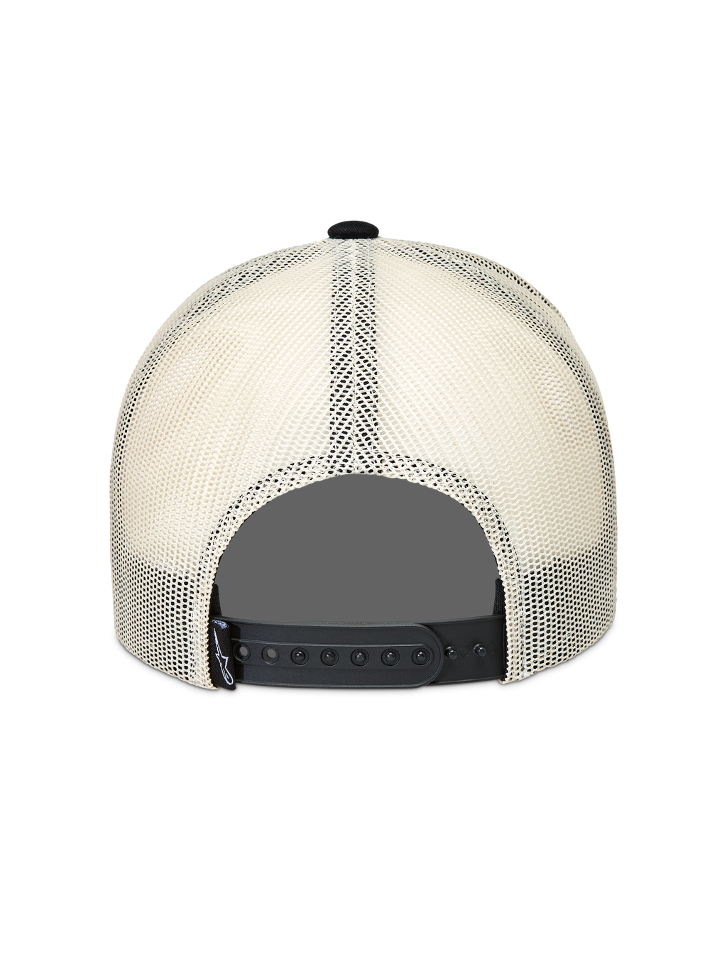 Alpinestars Heritage Patch Trucker-Mütze, Rückansicht in Natur und Schwarz, atmungsaktives Mesh-Gewebe und Snapback-Verschluss.