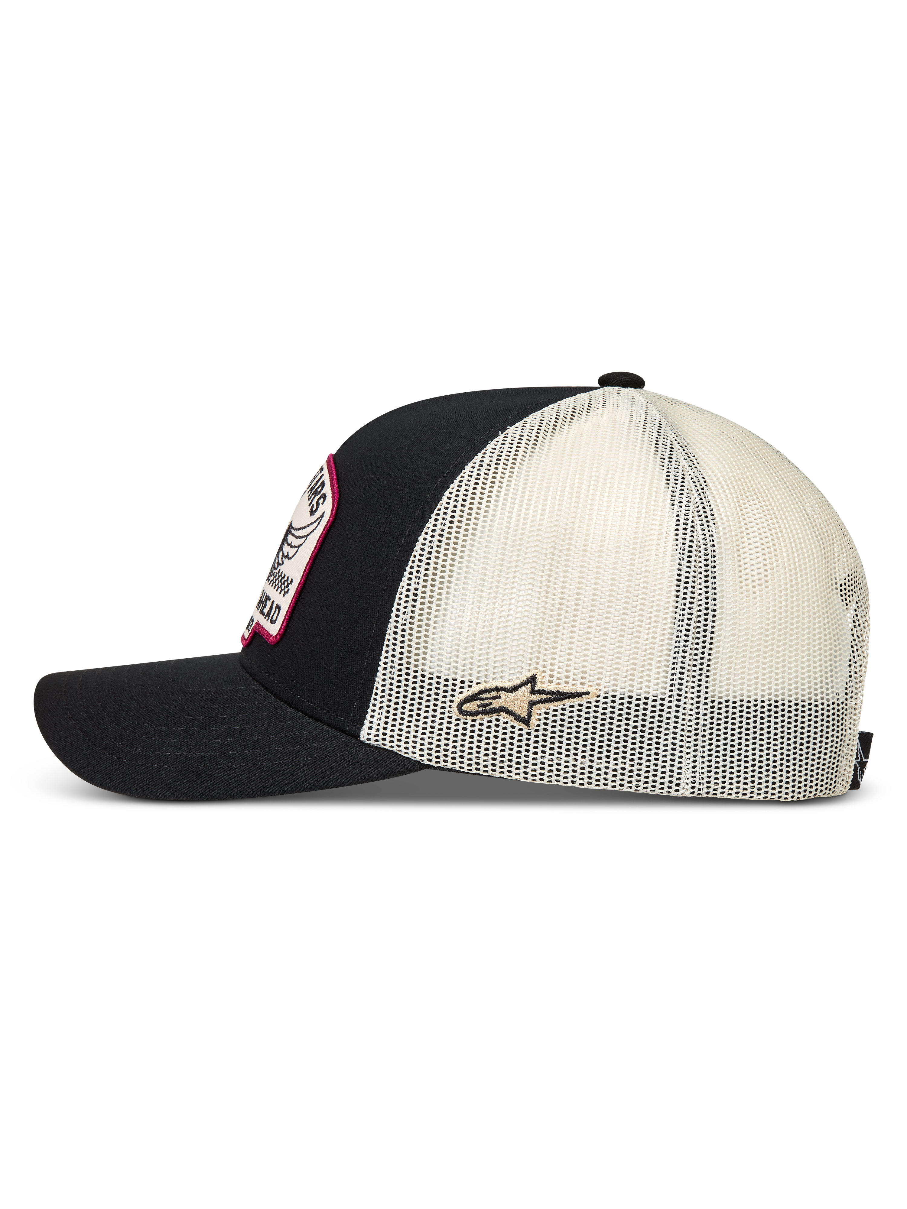 Alpinestars Heritage Patch Trucker-Mütze, Sportswear Snapback, Schwarz und Natur, Seitenansicht mit weißem Mesh-Gewebe und Ageless-Logo-Patch, strukturierte Krone mit gebogenem Schirm