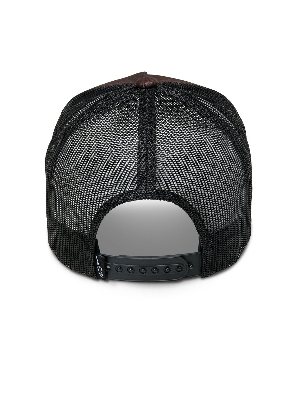 Alpinestars Heritage Patch Trucker Hat, Trucker-Cap, Braun und Schwarz, Rückansicht mit schwarzen Mesh-Einsätzen, verstellbarer Snapback-Verschluss, kleines weißes Logo-Detail am Verschlussriemen