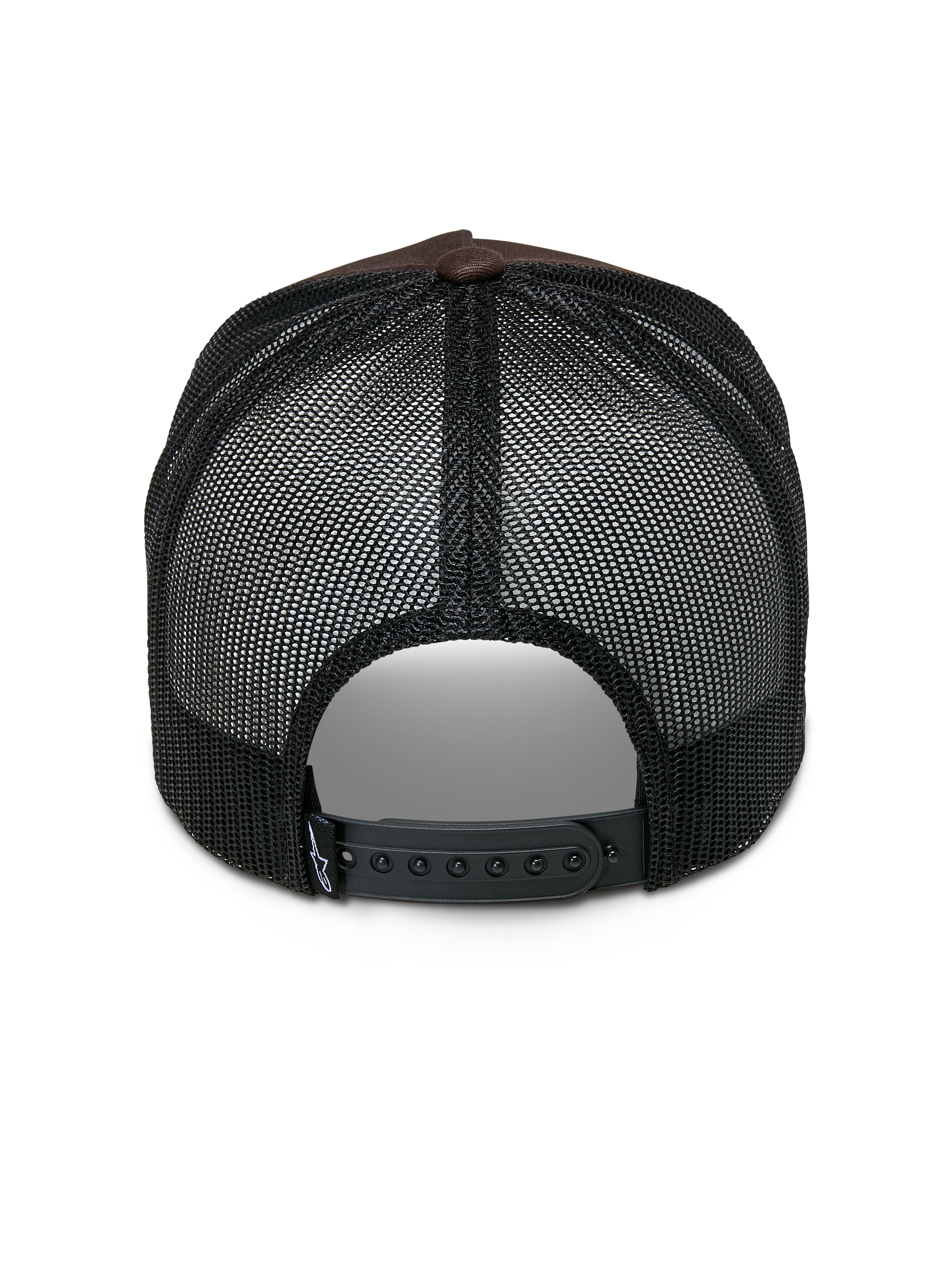 Alpinestars Heritage Patch Trucker Hat, Trucker-Cap, Braun und Schwarz, Rückansicht mit schwarzen Mesh-Einsätzen, verstellbarer Snapback-Verschluss, kleines weißes Logo-Detail am Verschlussriemen