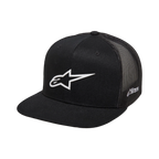 Alpinestars 3D Ageless Trucker Hat, Schwarz mit weißem Alpinestars-Logo, flacher Schirm, strukturierte Krone, schwarze Mesh-Rückseite, lässige Motorsport-inspirierte Sportbekleidung