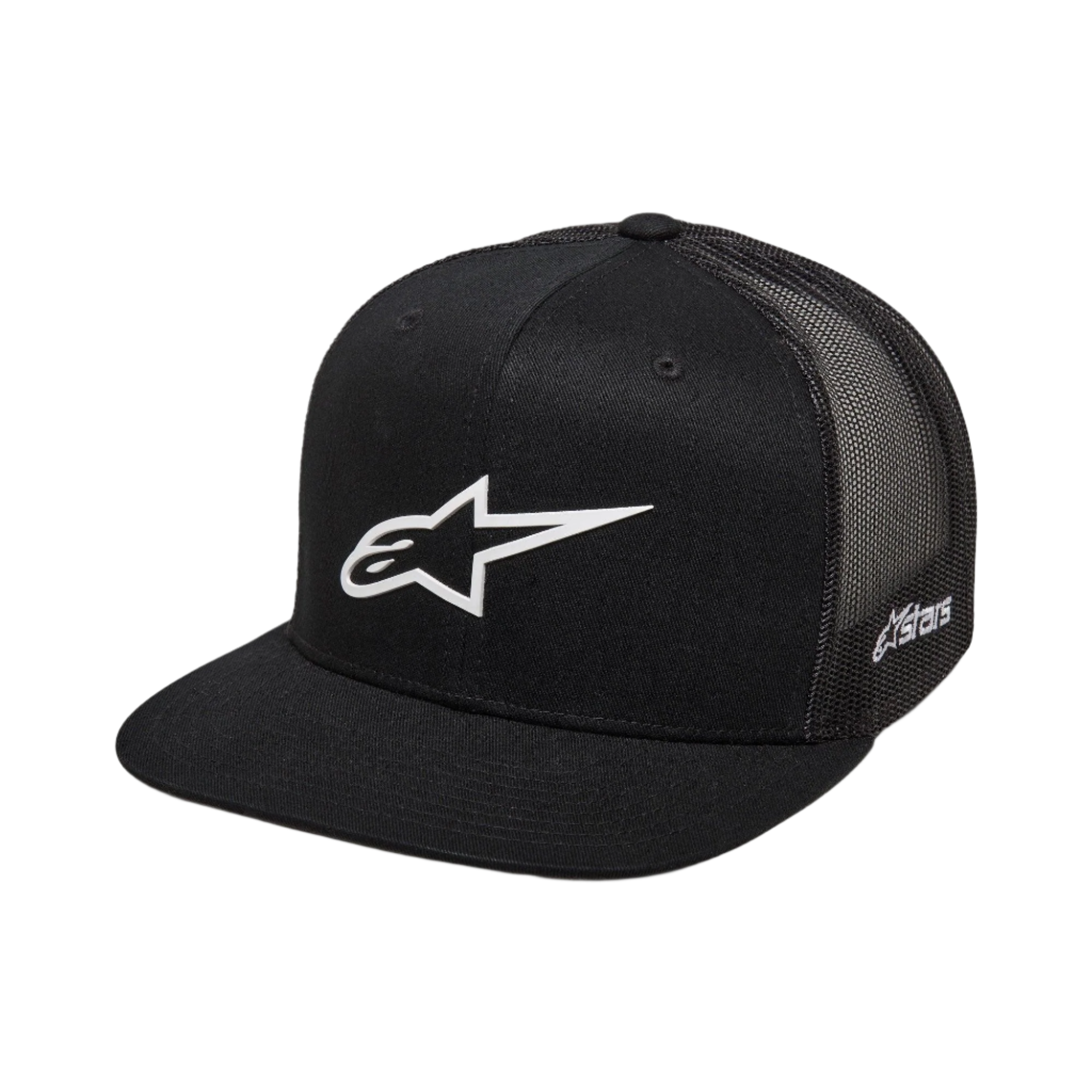 Alpinestars 3D Ageless Trucker Hat, Schwarz mit weißem Alpinestars-Logo, flacher Schirm, strukturierte Krone, schwarze Mesh-Rückseite, lässige Motorsport-inspirierte Sportbekleidung