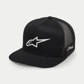 Alpinestars 3D Ageless Trucker Hat, Schwarz und Weiß, strukturierte Krone mit flachem Schirm, Poly-Mesh-Rückseite, mit großem weißem 3D-gesticktem Ageless-Logo auf der Vorderseite und seitlichem Astars-Branding, lässige Motorsport-Lifestyle-Cap