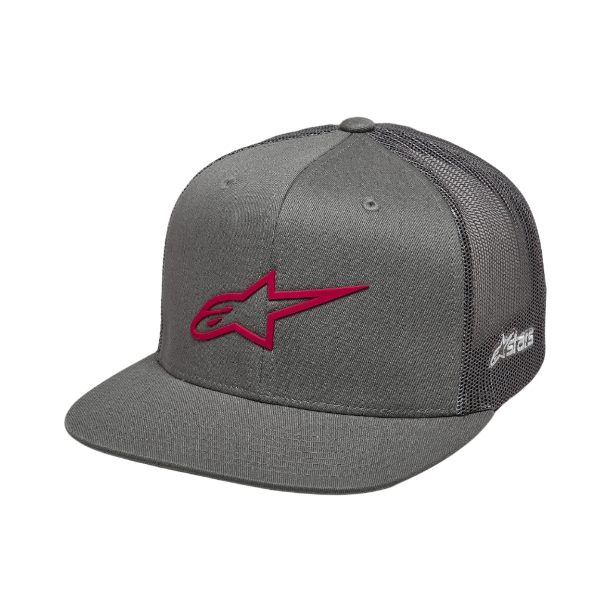Alpinestars 3D Ageless Trucker Hat, Grau und Rot, flacher Schirm mit strukturierter Krone, Twill-Vorderseite und Mesh-Rückseite, mit einem markanten roten 3D-gestickten Logo auf der Vorderseite und weißem Branding an der Seite, lässige Motorsport-Kopfbedeckung