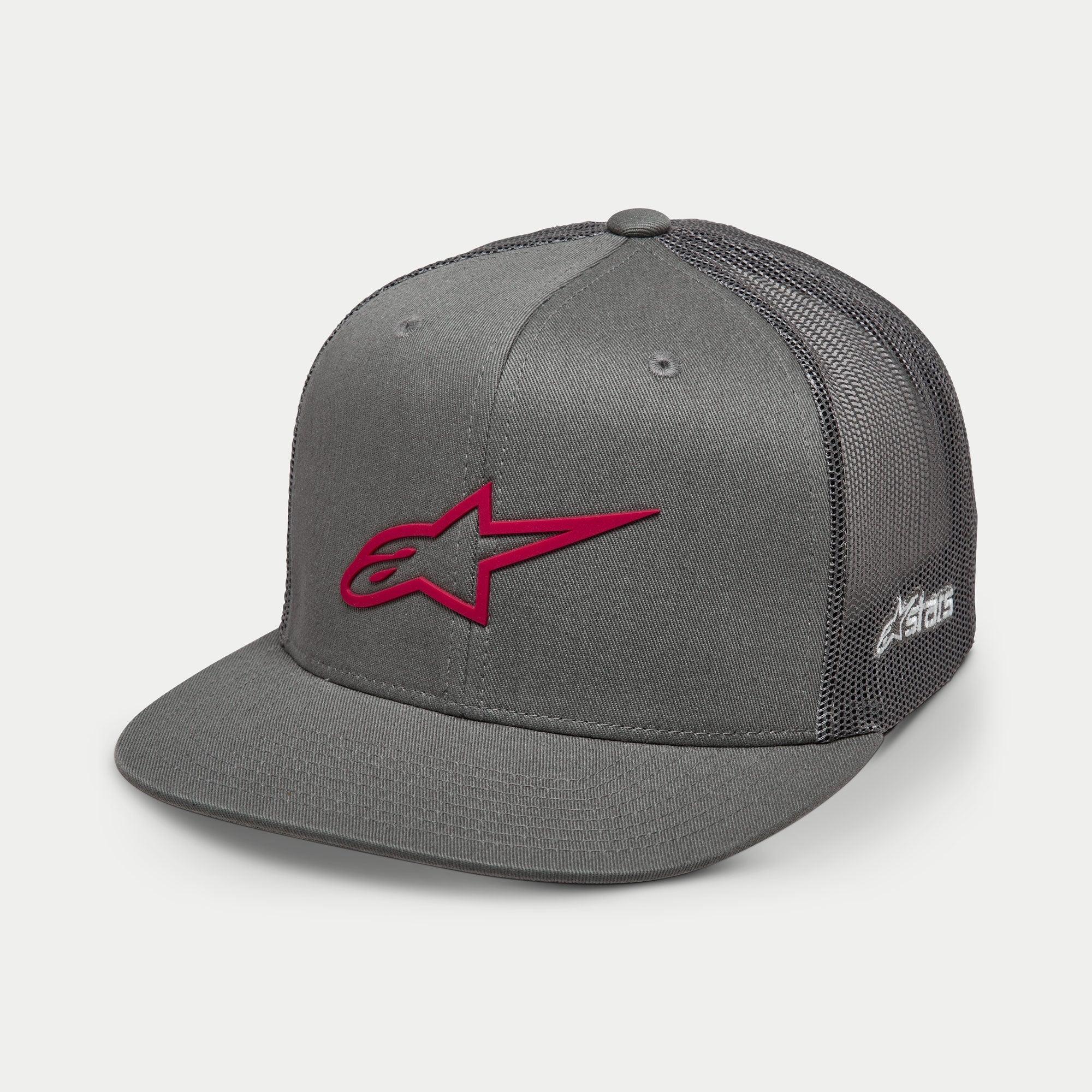 Alpinestars 3D Ageless Trucker-Mütze, Grau mit rotem Logo, flacher Schirm, strukturierte Krone, Twill-Vorderseite mit grauem Mesh-Rücken, rot besticktes 3D-Logo, lässige, vom Motorsport inspirierte Kopfbedeckung