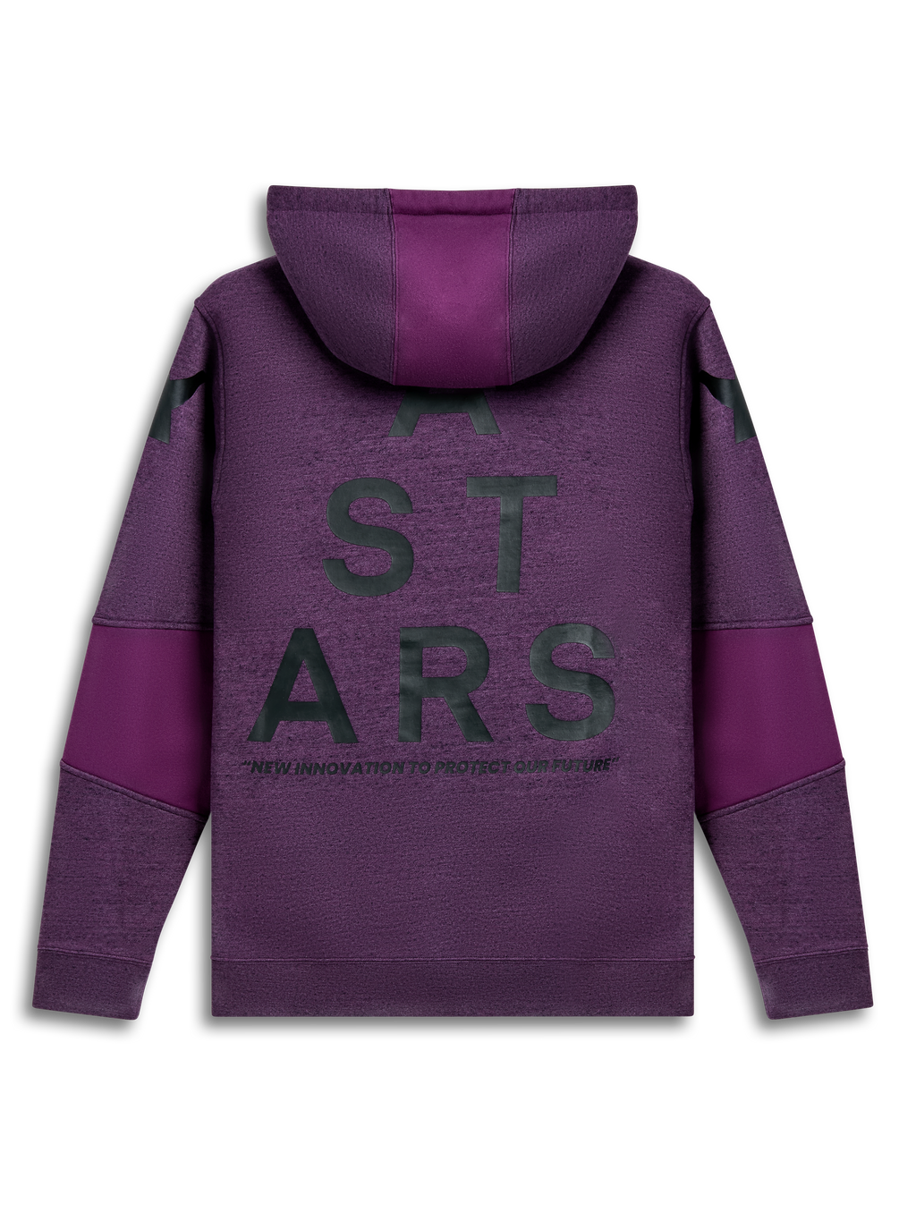 Alpinestars Perpetuate Hoodie, lila Sportswear-Pullover-Hoodie, Rückansicht mit Rückentyp-Grafik und Stoffblockierungsdetails.