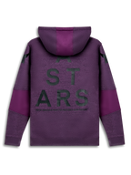 Alpinestars Perpetuate Hoodie, lila Sportswear-Pullover-Hoodie, Rückansicht mit Rückentyp-Grafik und Stoffblockierungsdetails.
