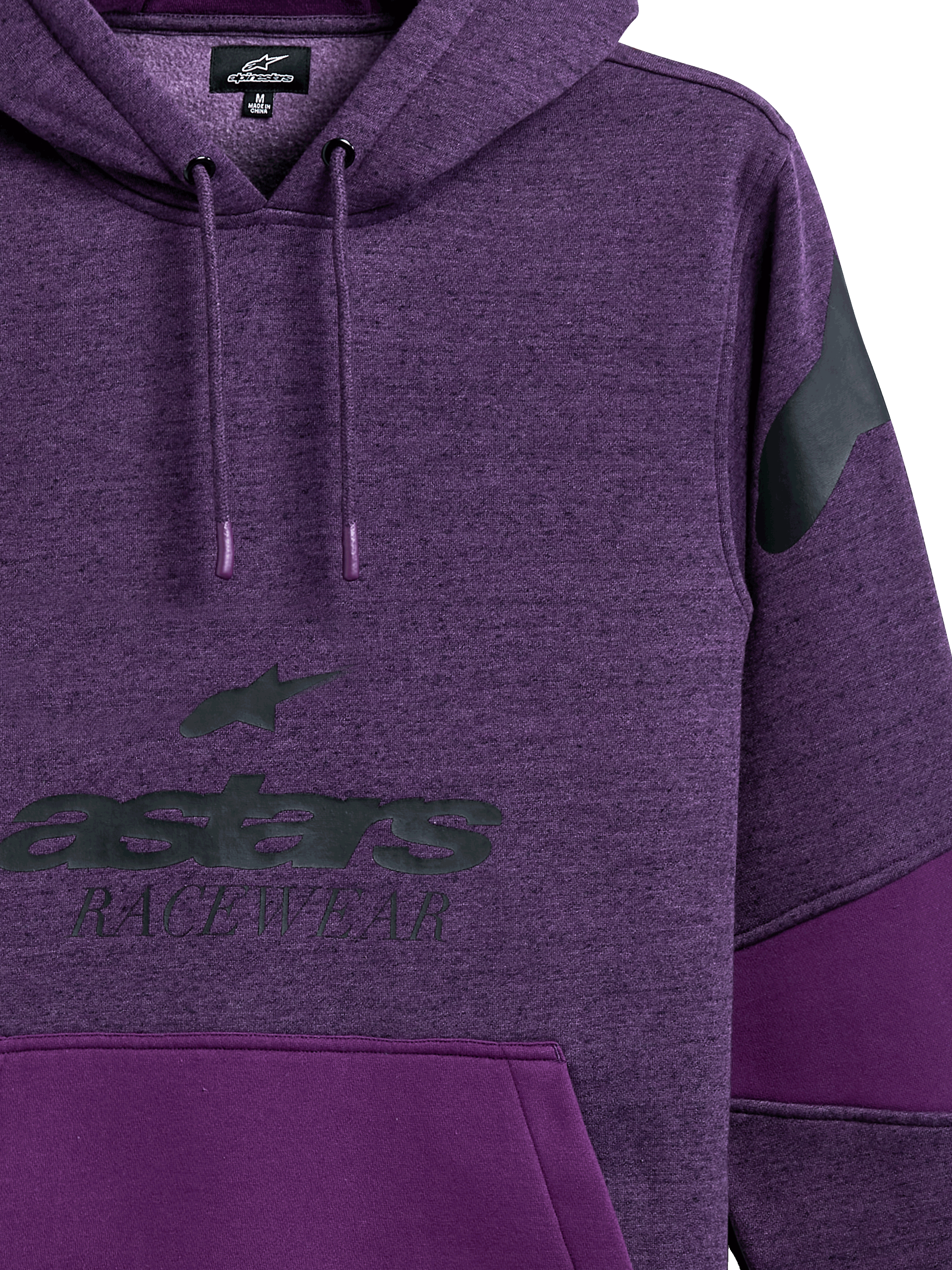 Alpinestars Perpetuate Hoodie, purple heather pullover hoodie, black astars RACEWEAR chest graphic, black shoulder logo, fabric blocking with solid purple panels, drawstring hood with dipped tips, casual motorsport-inspired design