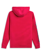Alpinestars Unbound Kapuzenpullover, roter Fleece-Pullover für Sportswear, Rückansicht mit selbstgefütterter Kapuze und Ärmelbranding.
