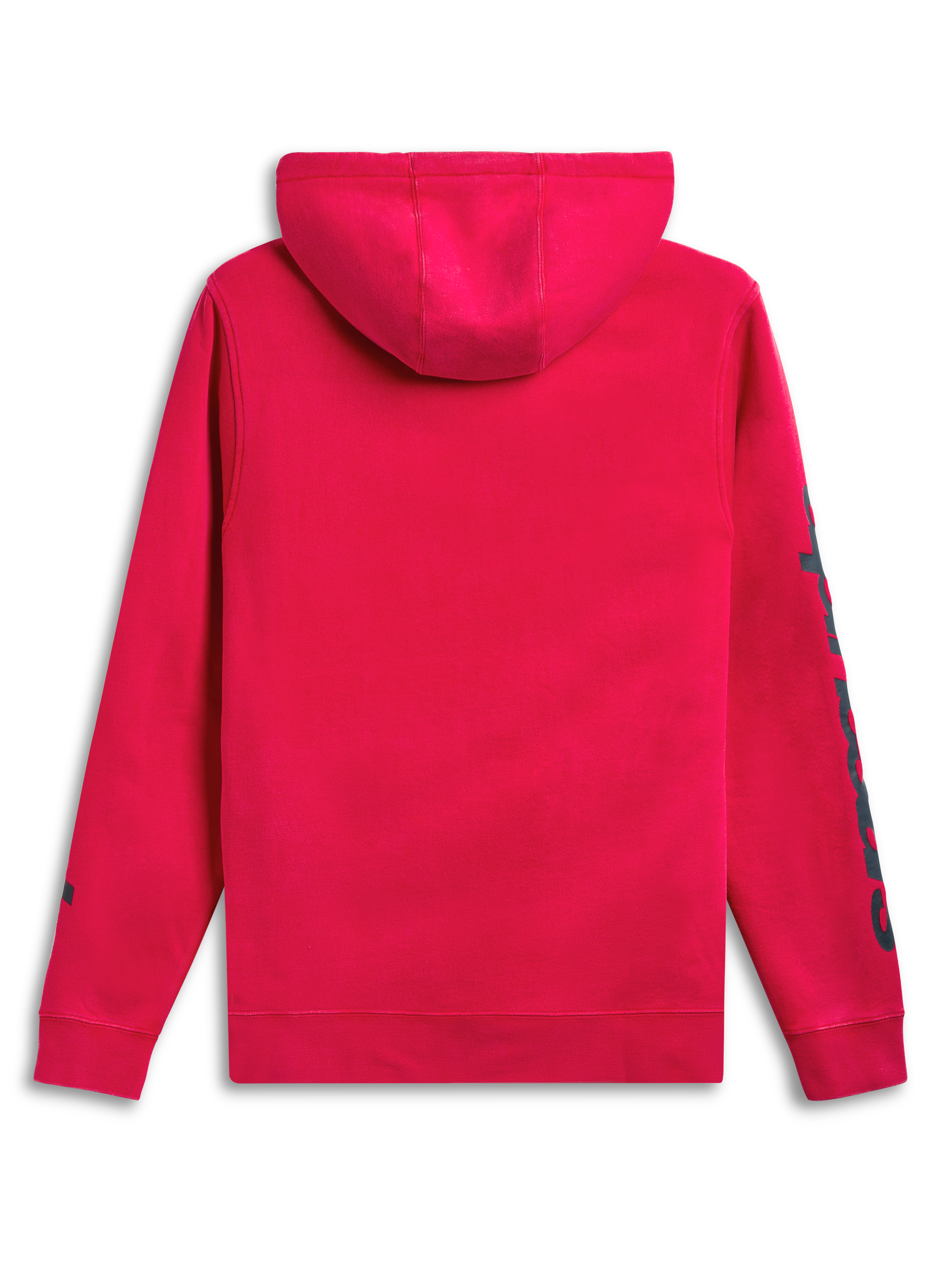 Alpinestars Unbound Kapuzenpullover, roter Fleece-Pullover für Sportswear, Rückansicht mit selbstgefütterter Kapuze und Ärmelbranding.