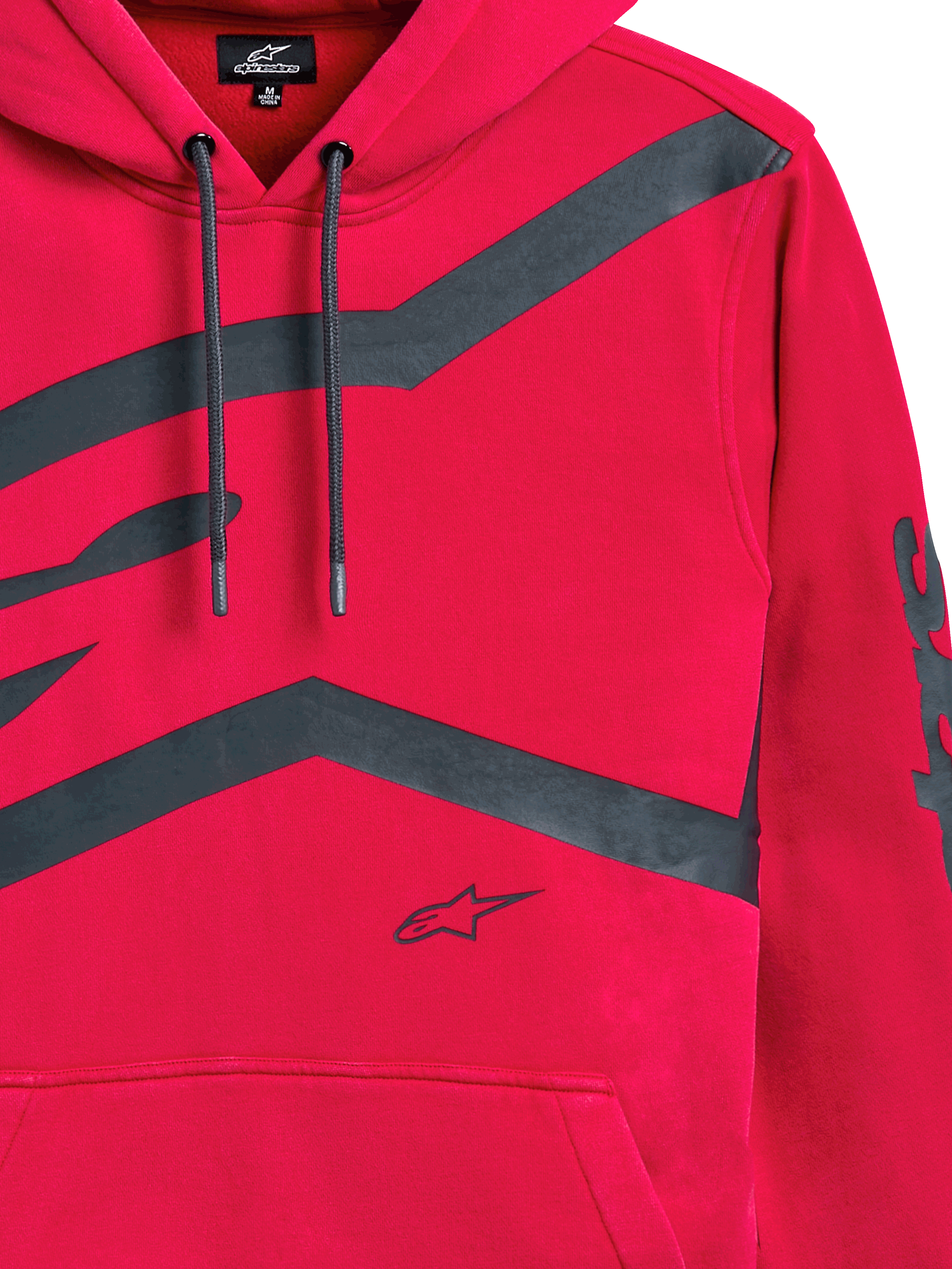 Alpinestars Unbound Hoodie, Red, close-up of front chest and sleeve with large dark grey graphic logos, drawstring hood, kangaroo pocket, casual motorsport-inspired streetwear