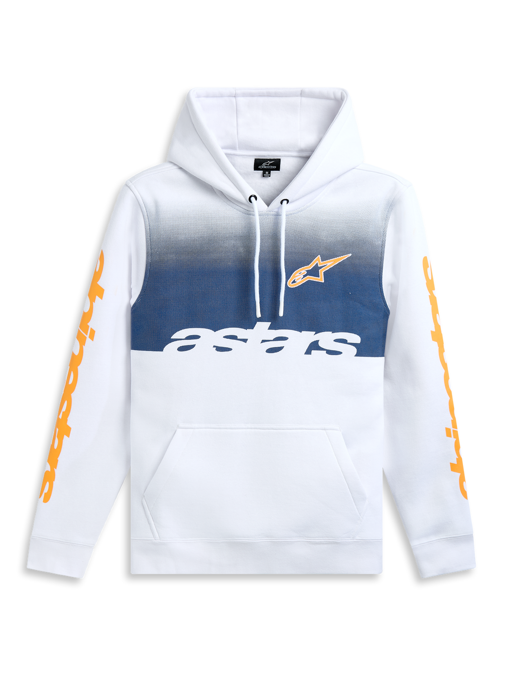 Alpinestars Specter Kapuzenpullover, weißer Sportswear-Fleece-Pullover mit Farbverlauf-Druck, Kängurutasche und orangefarbenen Ärmelwortmarken