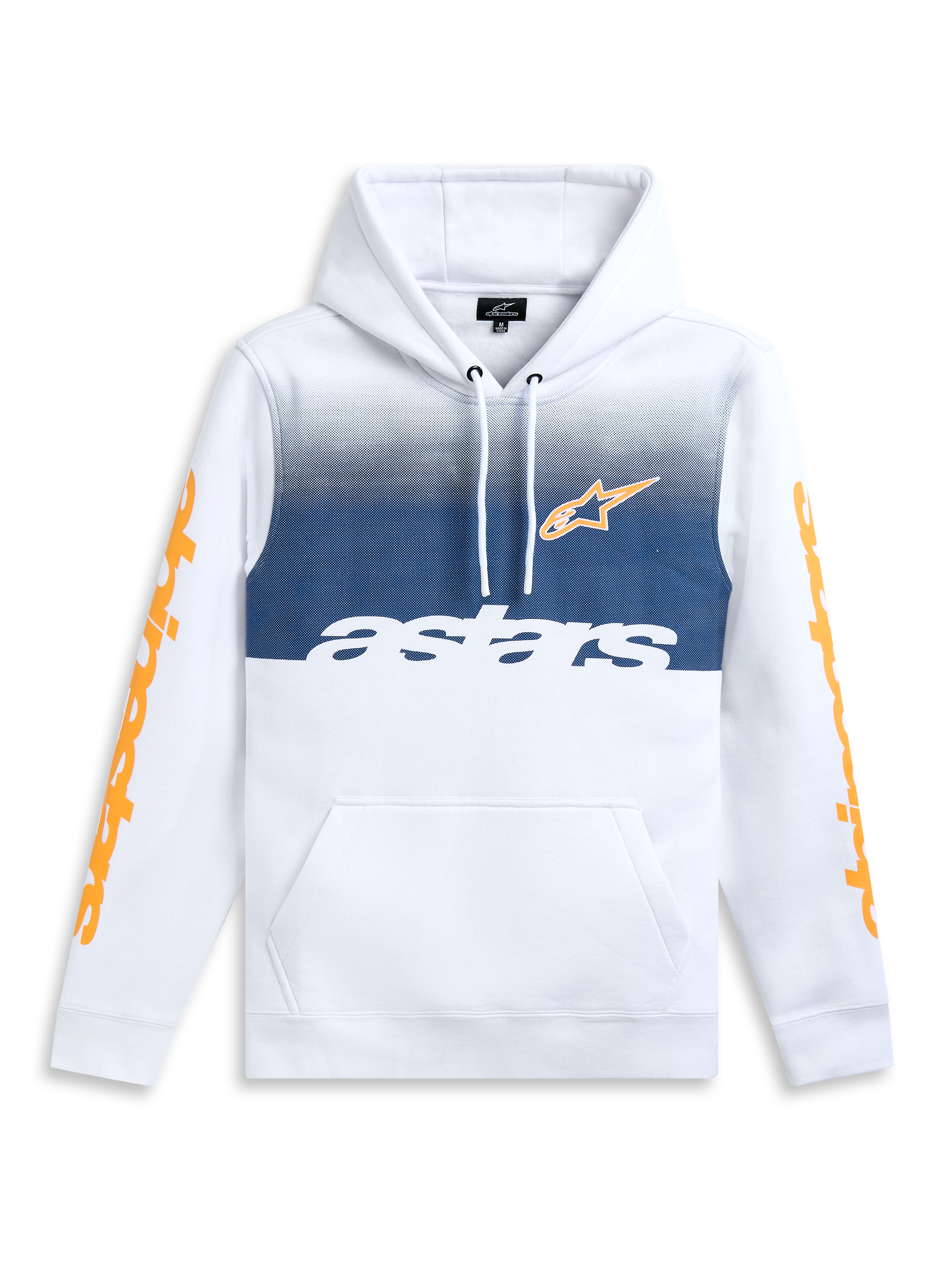 Alpinestars Specter Kapuzenpullover, weißer Sportswear-Fleece-Pullover mit Farbverlauf-Druck, Kängurutasche und orangefarbenen Ärmelwortmarken