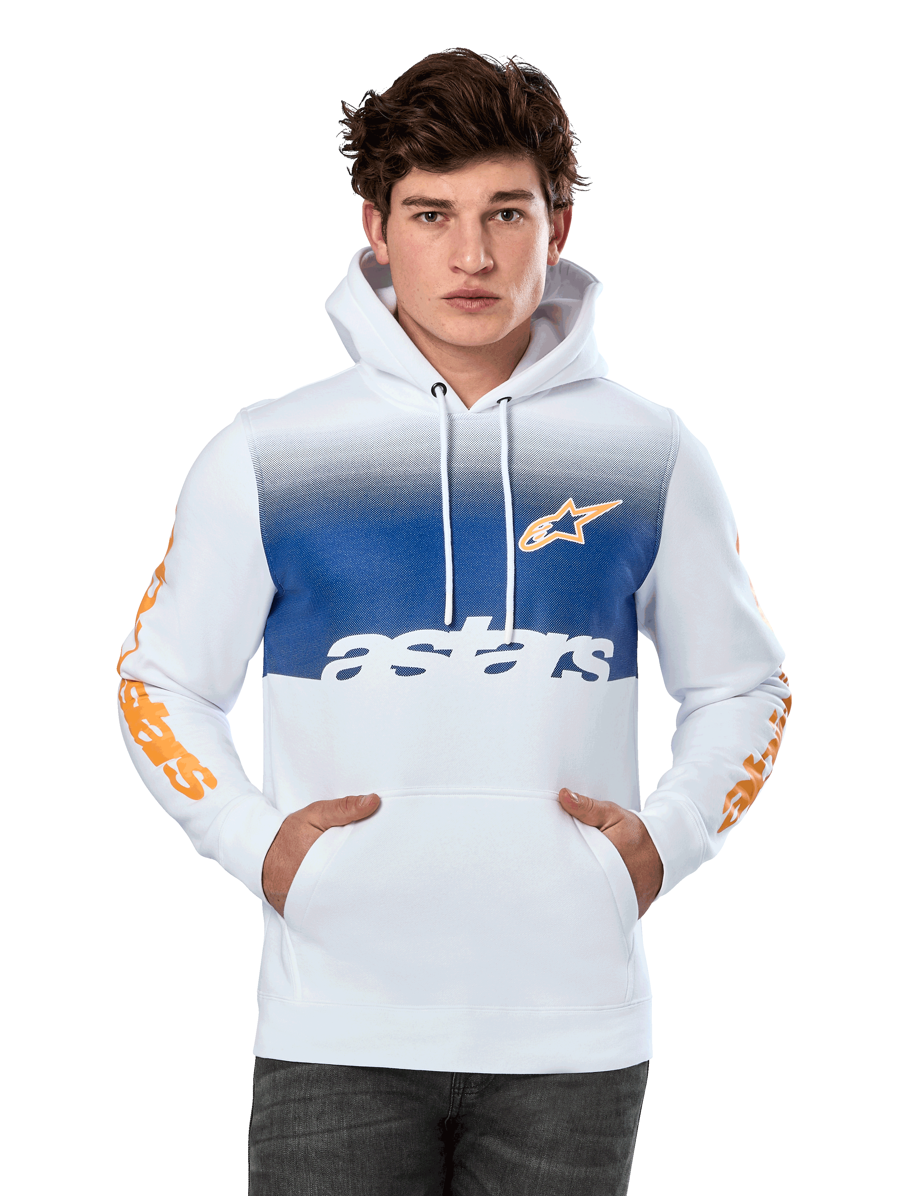 Alpinestars Specter Hoodie, Weiß mit blauem Farbverlauf auf der Brust, orangefarbenem Stern-Logo und Wortmarken auf den Ärmeln, weißer „astars“ Schriftzug, Kängurutasche, Kapuze mit Kordelzug, lässige Motorsport-Streetwear