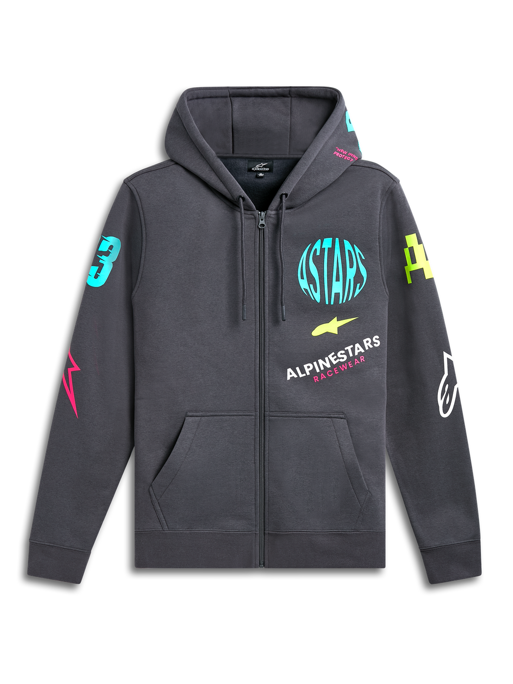 Alpinestars Variegate Hoodie, zip-front fleece hoodie, Gunmetal Gray, vibrant neon logos on chest and sleeves, kangaroo pocket, drawstring hood, casual motorsport-inspired streetwear