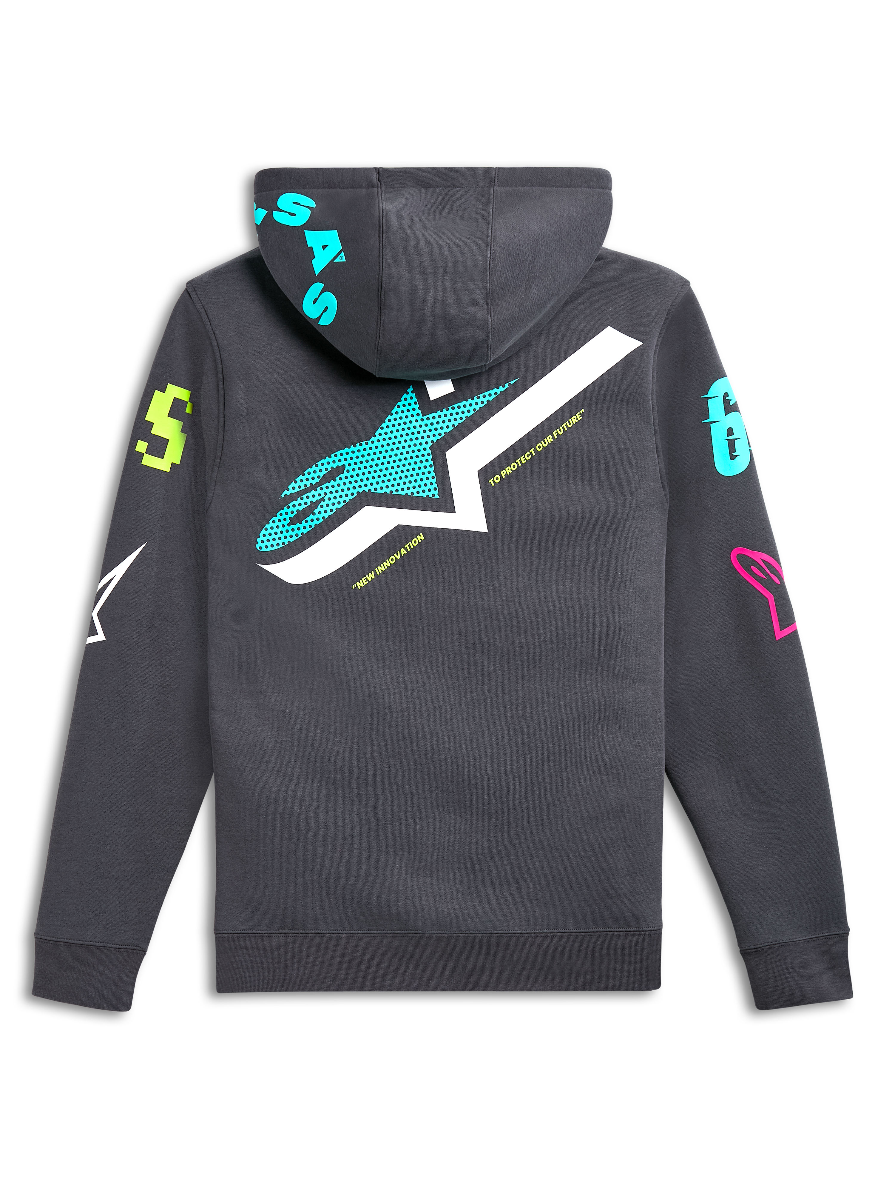 Alpinestars Variegate Hoodie, back view, gunmetal gray with large teal and white star logo, vibrant multi-colored graphic logos on sleeves and hood, casual motorsport-inspired streetwear