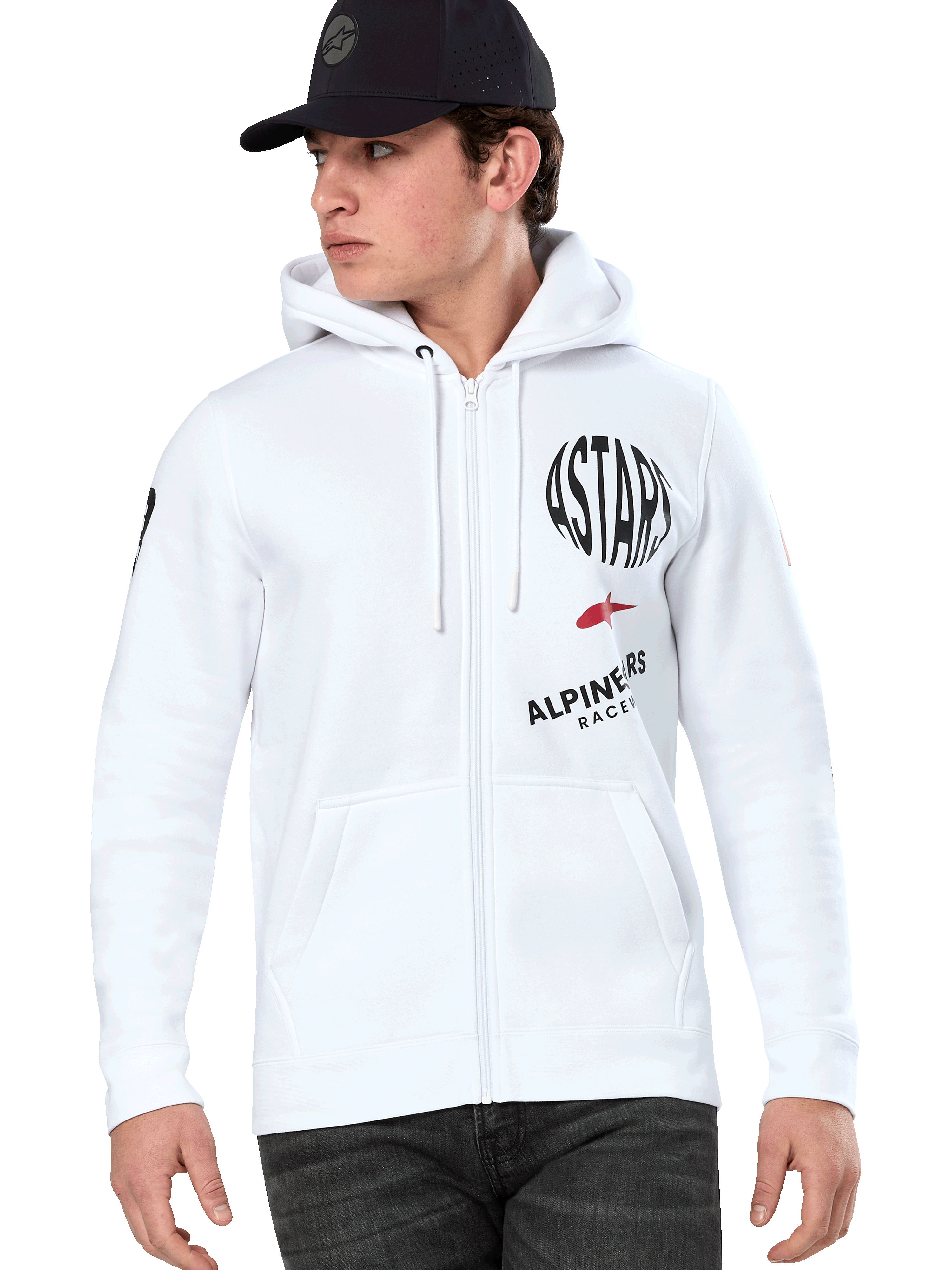Alpinestars Variegate Hoodie, White Zip-Up Hoodie with black and red ASTARS racing graphics, worn by a model with a black cap and dark jeans, casual motorsport streetwear featuring a kangaroo pocket and drawstring hood