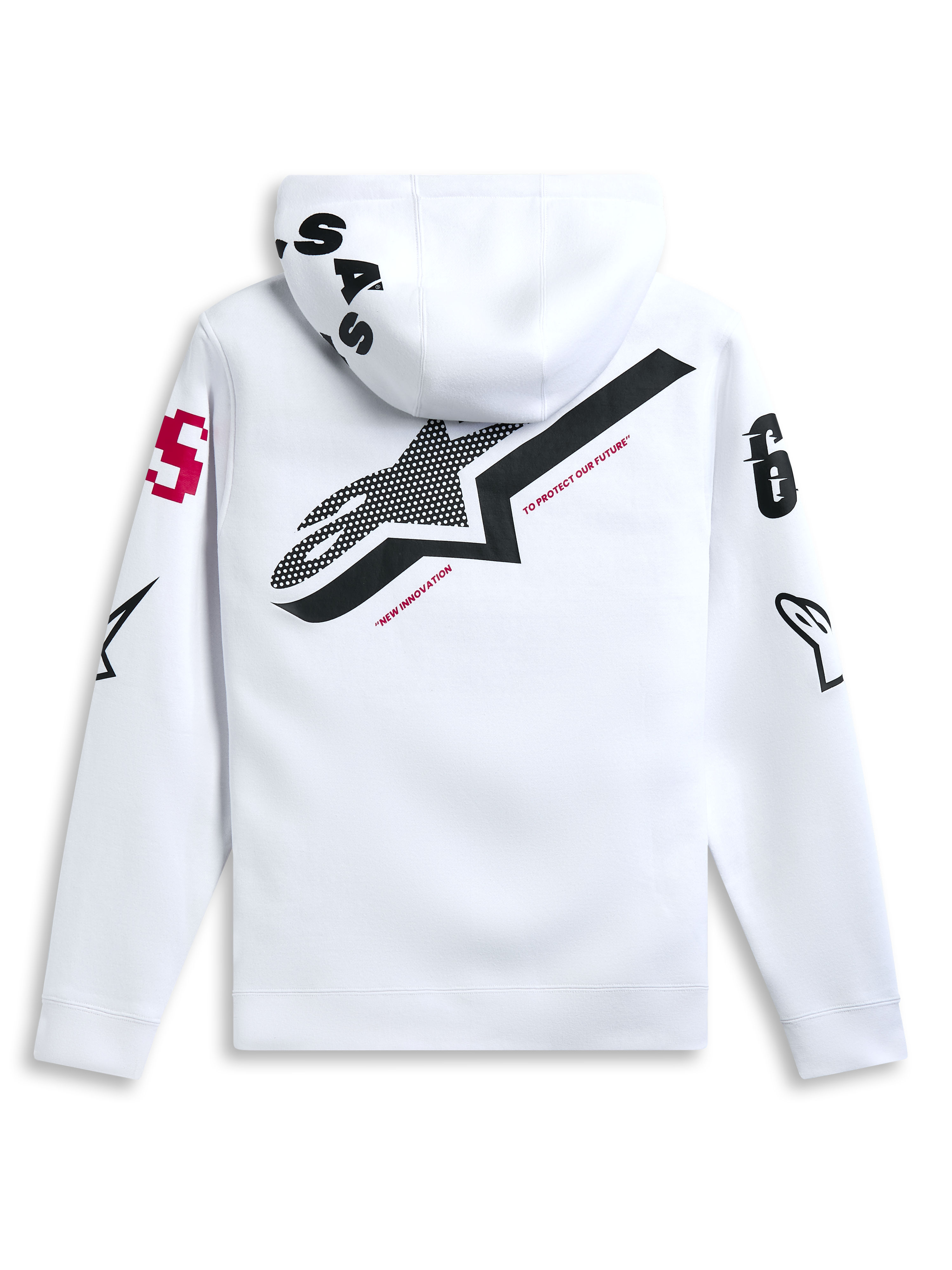 Alpinestars Variegate Hoodie, White, back view featuring large black star logo with red 'New Innovation' text, multi-logo artwork on sleeves and hood, casual motorsport-inspired streetwear