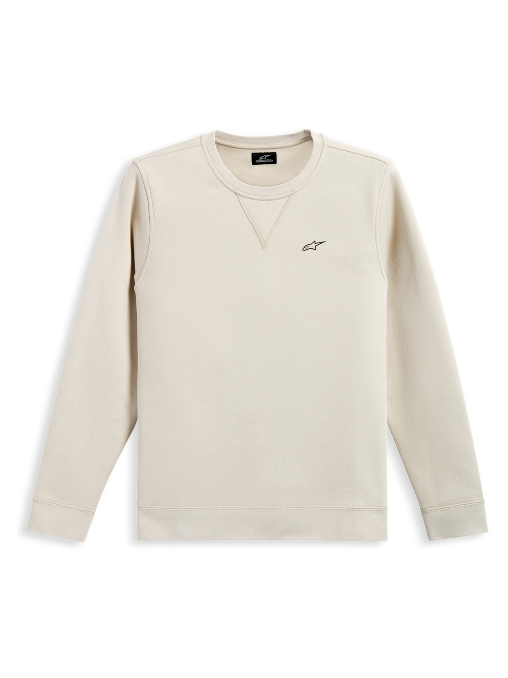 Alpinestars Positive Crew, Rundhals-Sweatshirt, Off-White, kleines schwarzes Alpinestars-Logo auf der Brust, gerippter Kragen mit V-Naht-Detail, Rippbündchen an Ärmeln und Saum, lässige vom Motorsport inspirierte Streetwear