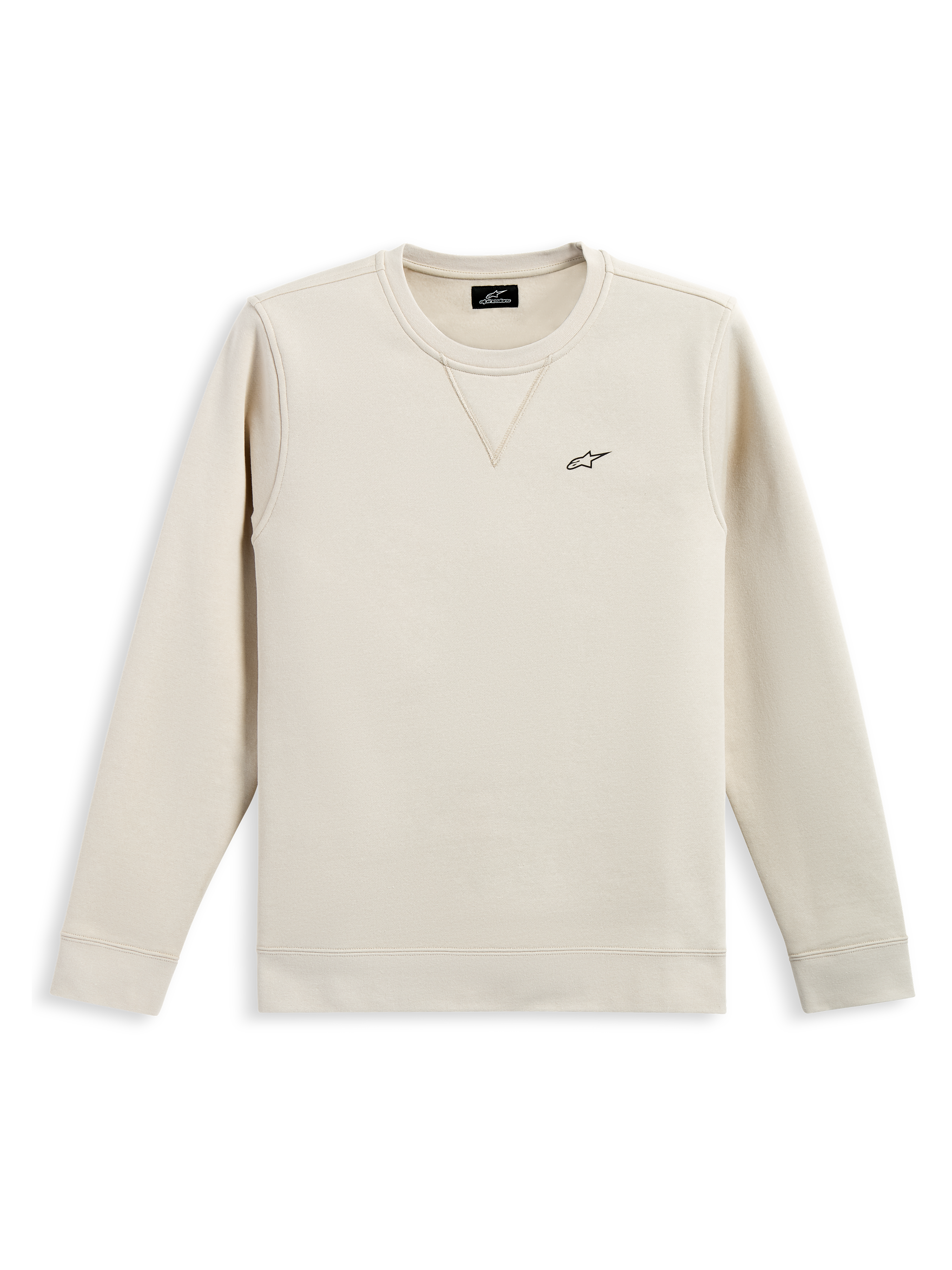 Alpinestars Positive Crew, Rundhals-Sweatshirt, Off-White, kleines schwarzes Alpinestars-Logo auf der Brust, gerippter Kragen mit V-Naht-Detail, Rippbündchen an Ärmeln und Saum, lässige vom Motorsport inspirierte Streetwear
