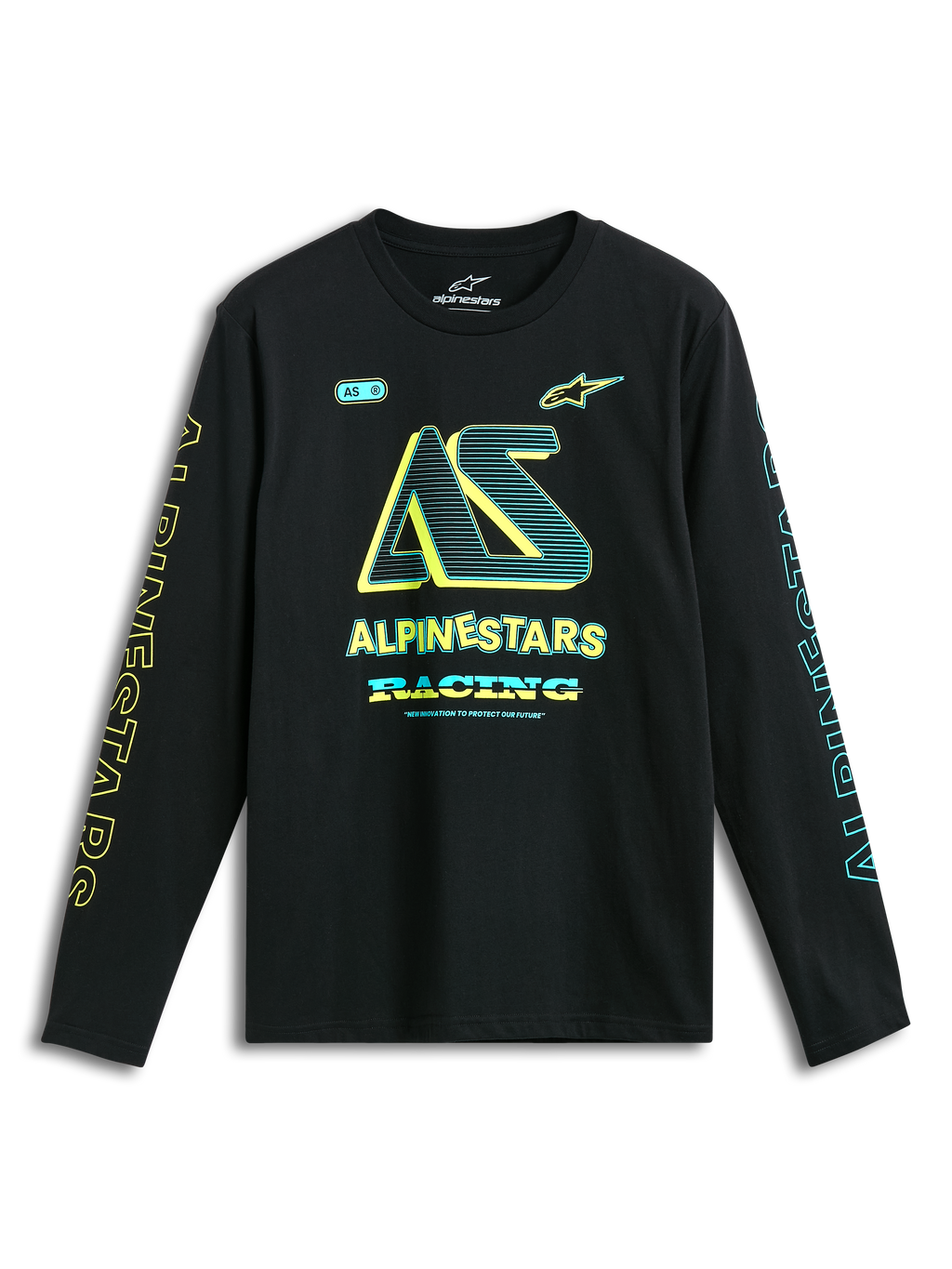 Alpinestars Ayess Csf Langarm-T-Shirt, schwarzes Motorsport-T-Shirt mit gelben und blauen Logo-Grafiken auf der Brust und den Ärmeln.