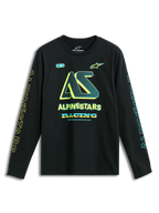 Alpinestars Ayess Csf Langarm-T-Shirt, schwarzes Motorsport-T-Shirt mit gelben und blauen Logo-Grafiken auf der Brust und den Ärmeln.