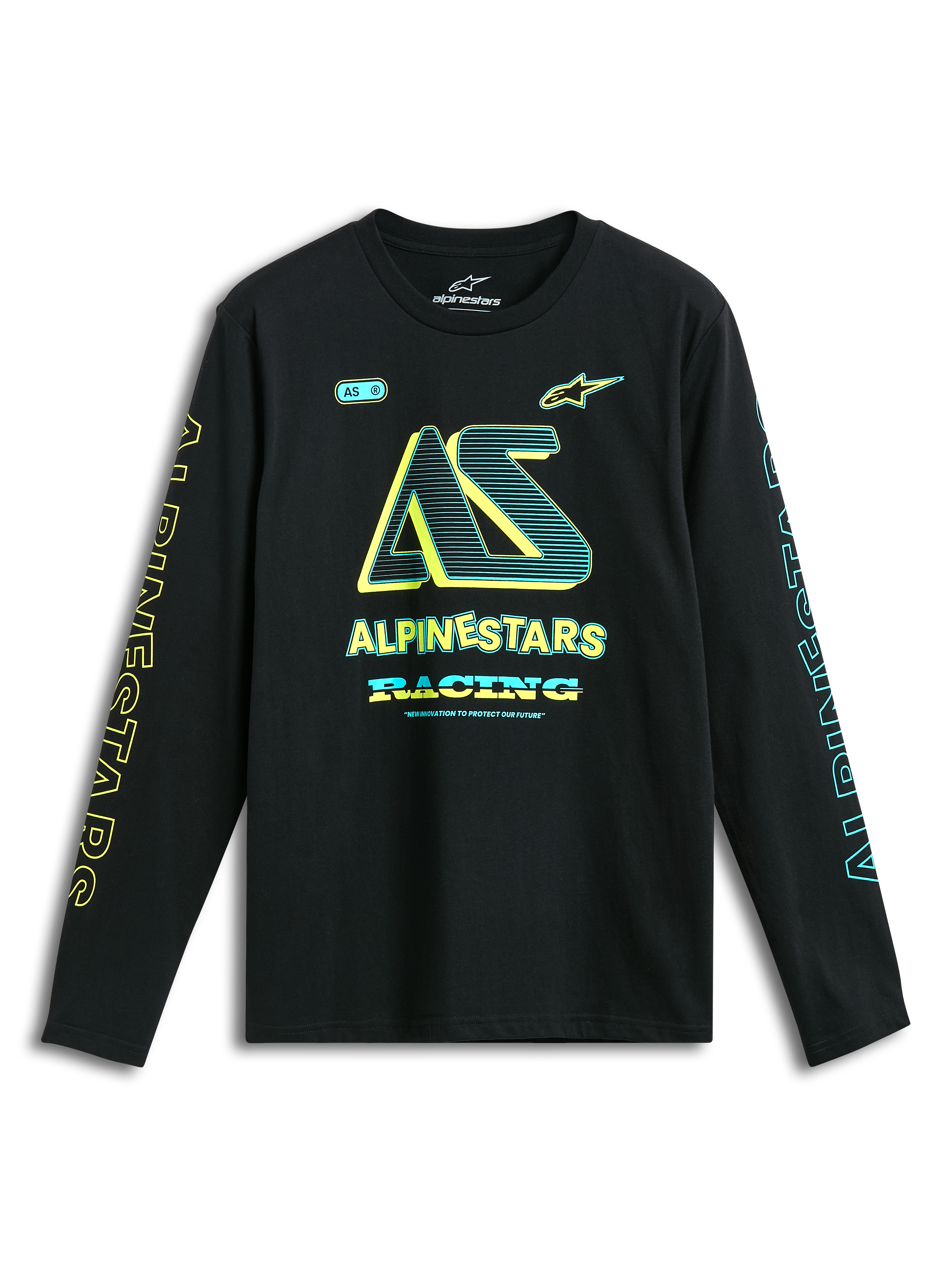 Alpinestars Ayess Csf Langarm-T-Shirt, schwarzes Motorsport-T-Shirt mit gelben und blauen Logo-Grafiken auf der Brust und den Ärmeln.