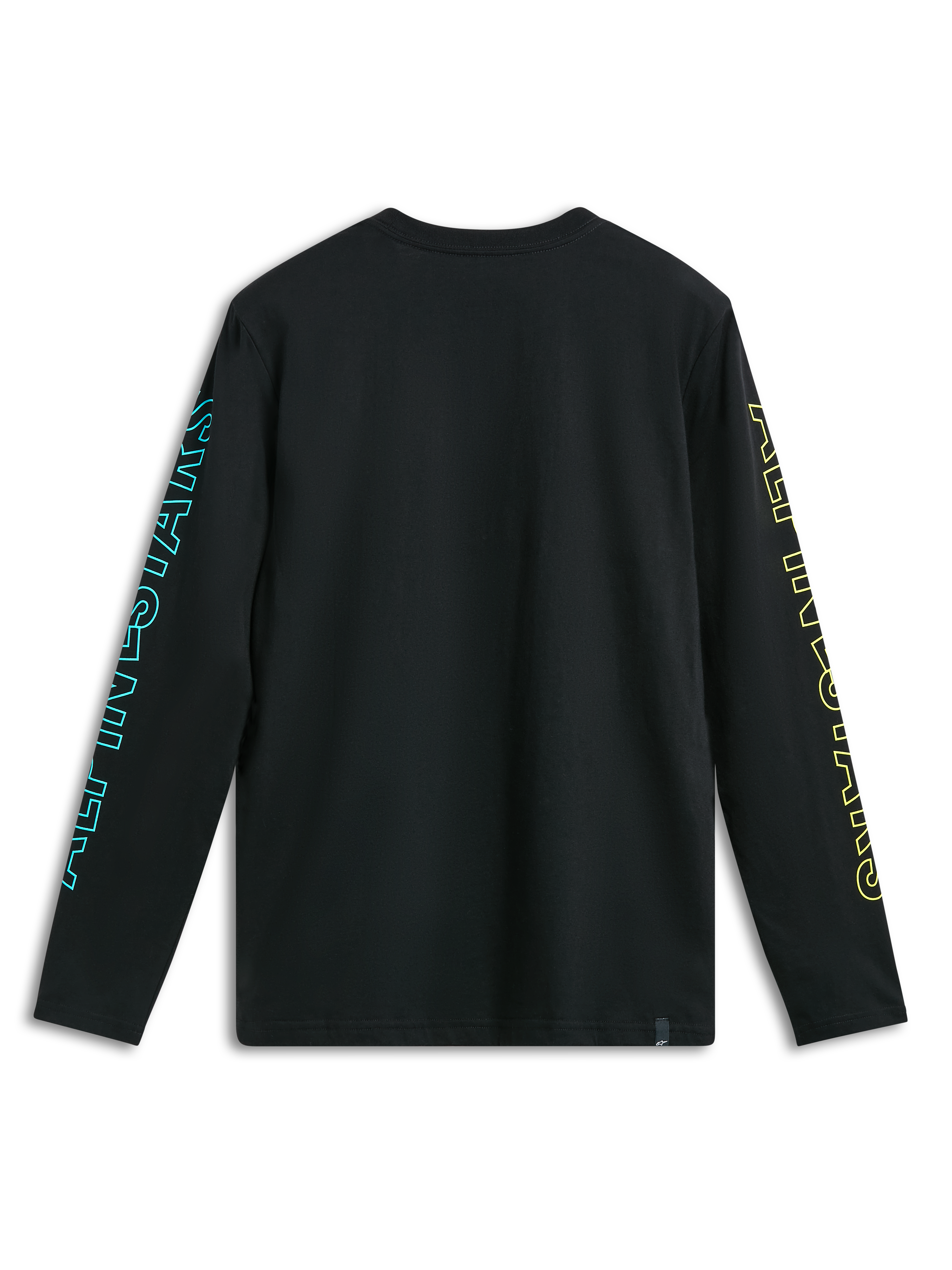 Alpinestars Ayess Csf Langarm-T-Shirt, schwarzes Sportswear-T-Shirt, Rückansicht mit bedruckten Ärmelgrafiken.