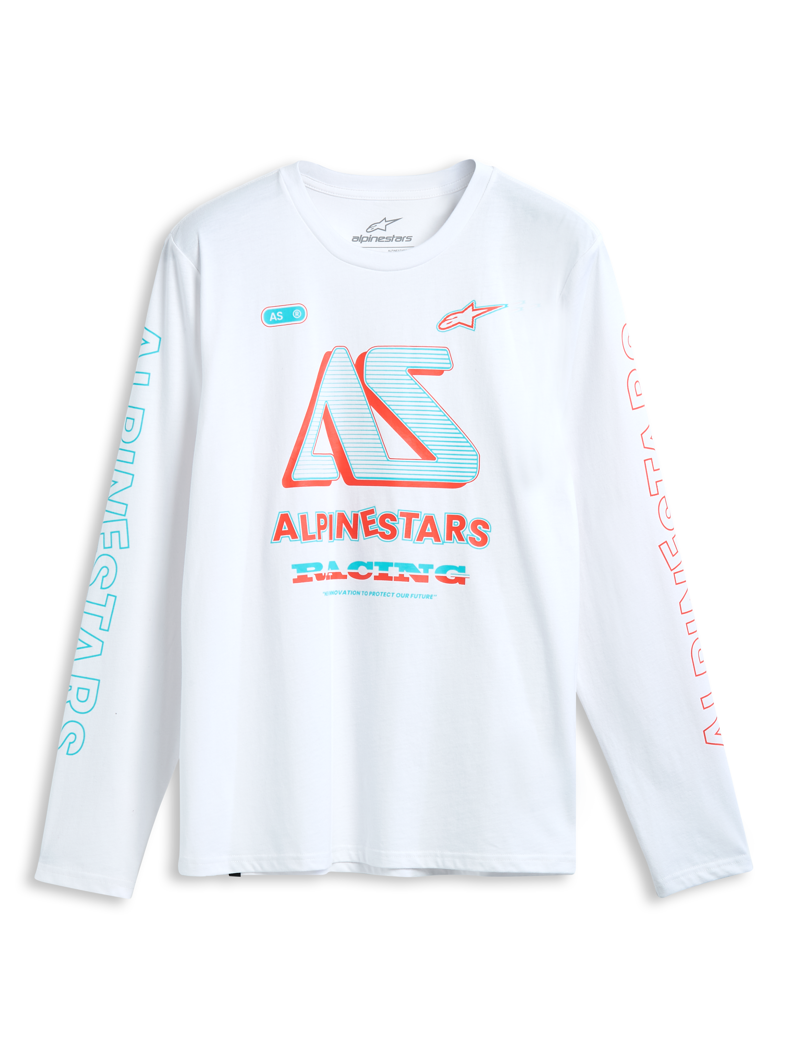 Alpinestars Ayess Csf T-Shirt, white long-sleeve sportswear t-shirt with multi-color printed racing graphics on the chest and sleeves