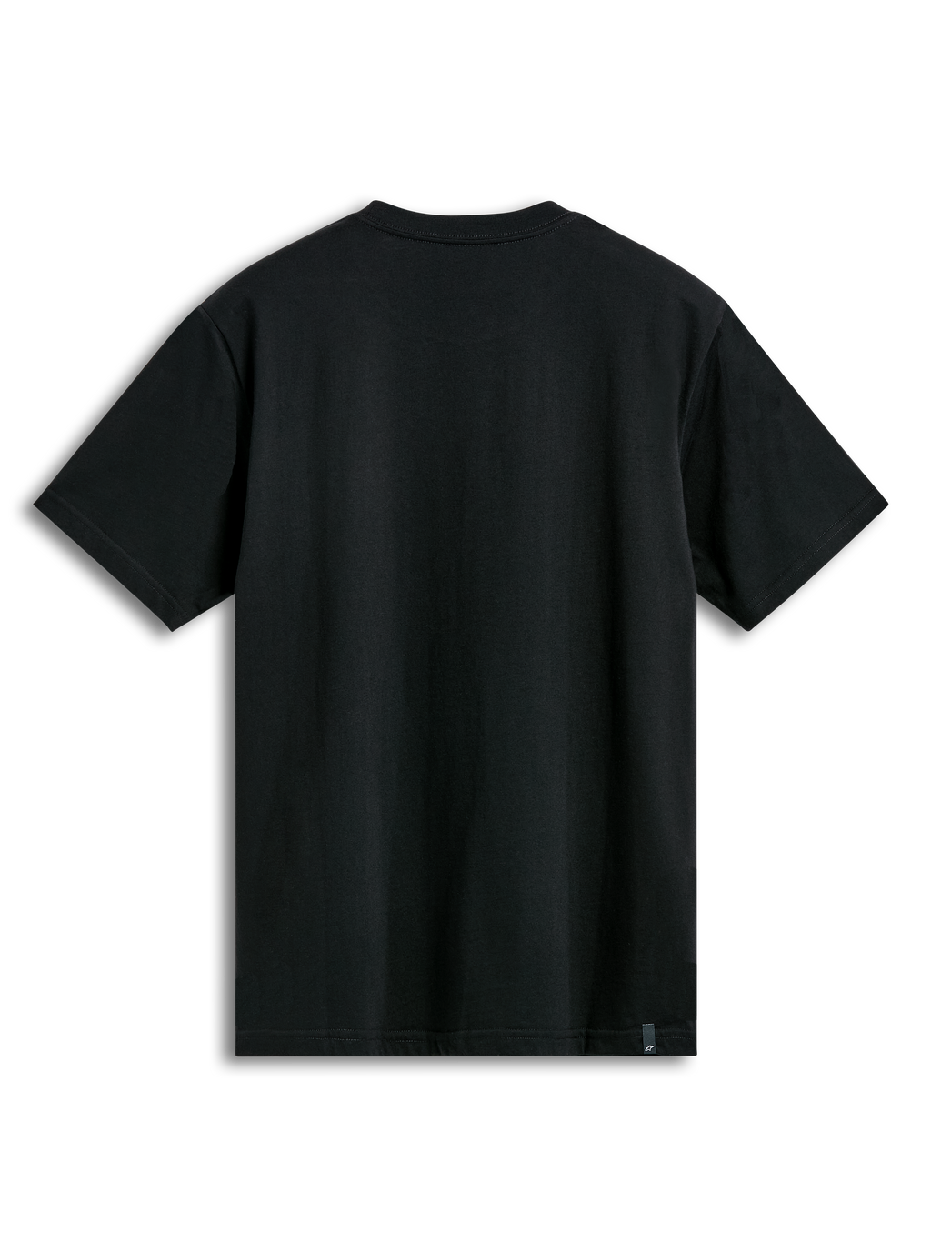 Alpinestars Semicircle CSF Tee, Kurzarm-T-Shirt, Schwarz, Rückansicht mit schlichtem Stoff und kleinem Markenetikett am unteren Saum, lässige Motorsport-Streetwear