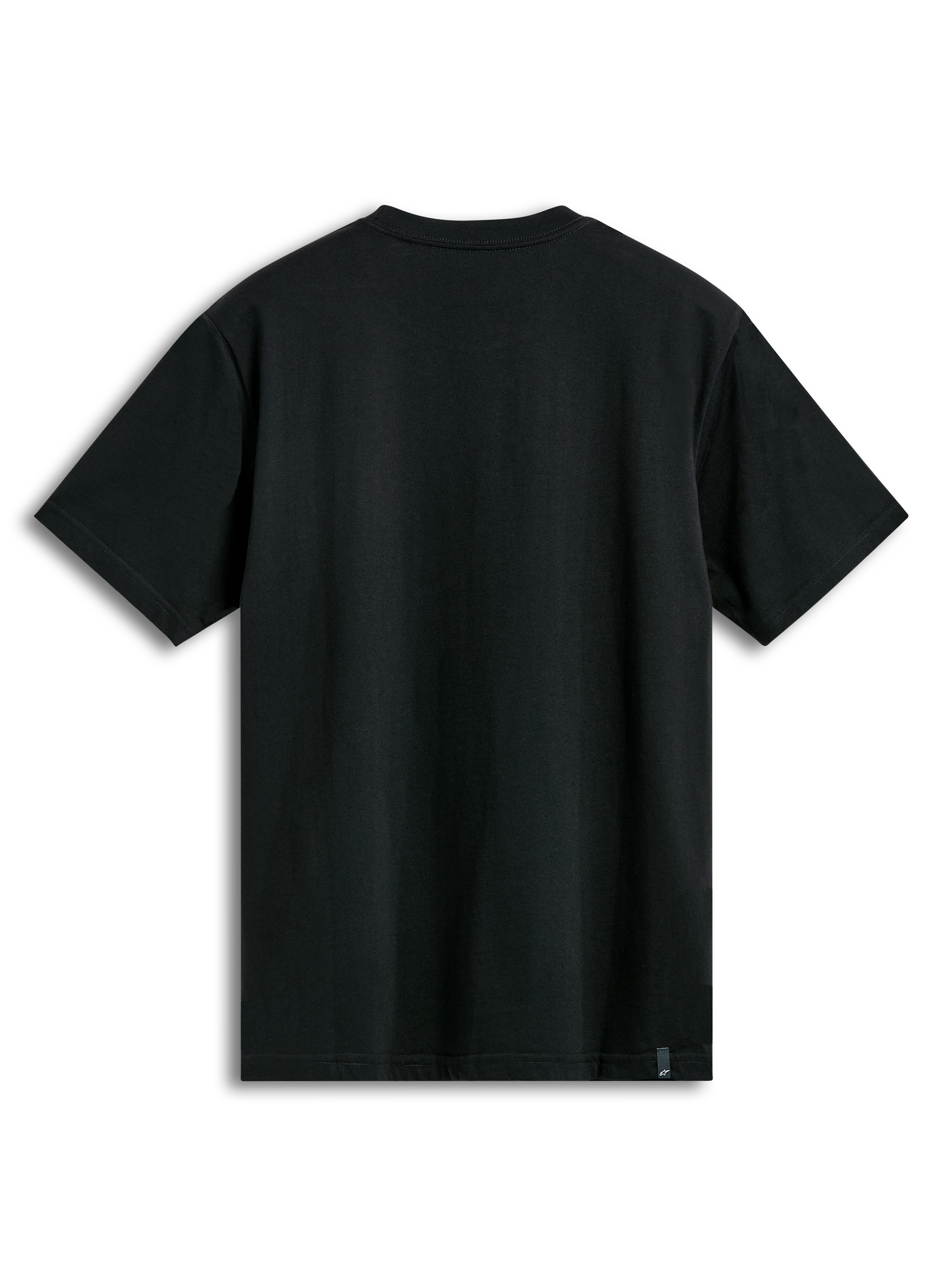 Alpinestars Semicircle CSF Tee, Kurzarm-T-Shirt, Schwarz, Rückansicht mit schlichtem Stoff und kleinem Markenetikett am unteren Saum, lässige Motorsport-Streetwear