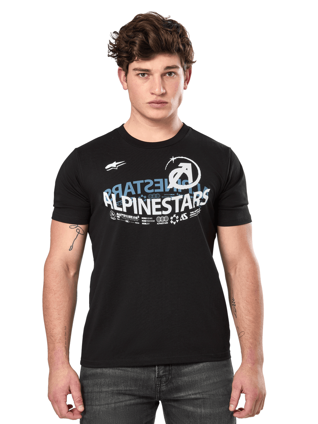 Alpinestars Semicircle CSF Tee, Kurzarm-T-Shirt, Schwarz, weiß-blaue halbkreisförmig geschwungene Alpinestars-Grafik auf der Brust, Casual Motorsport Streetwear