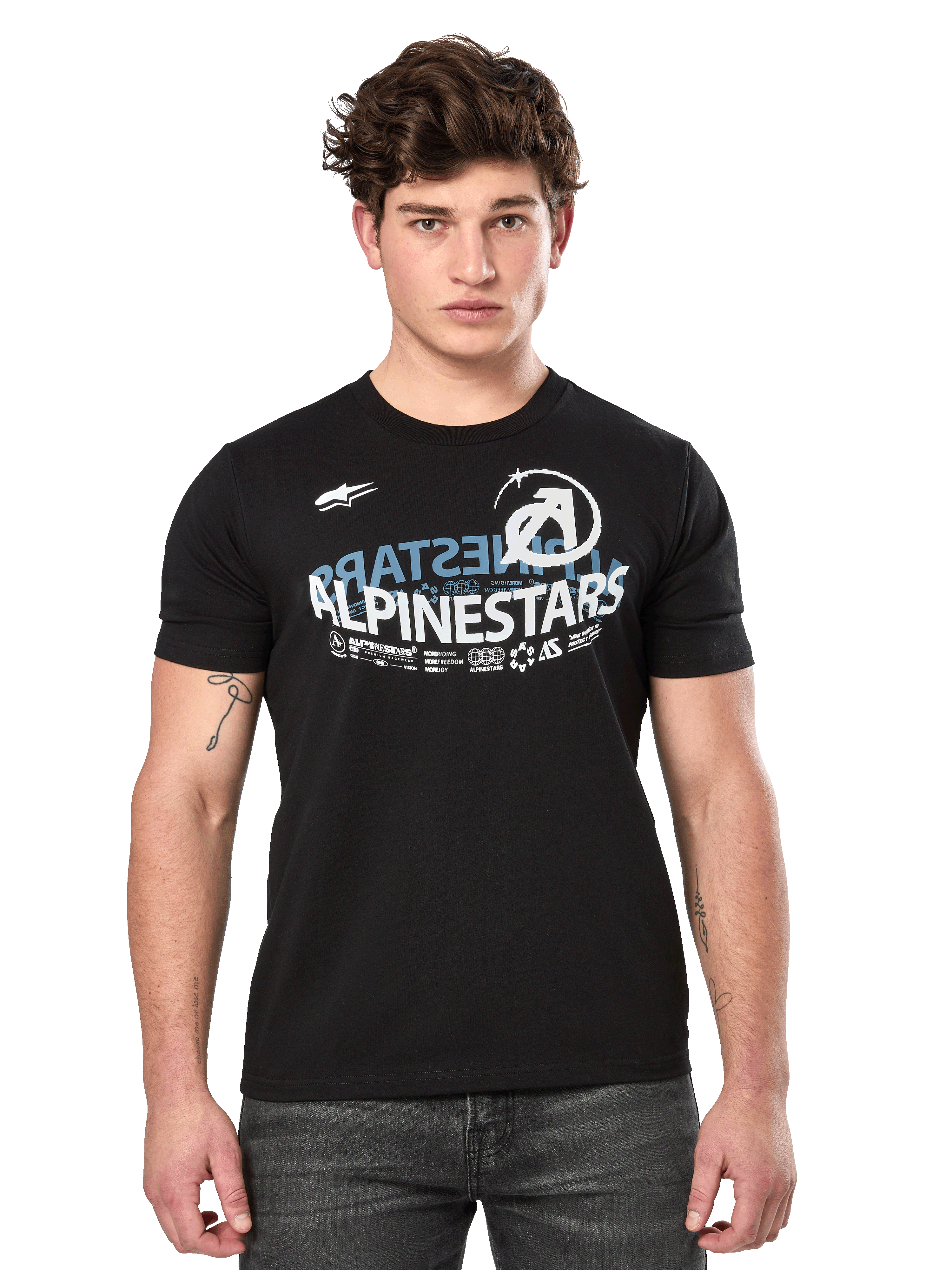 Alpinestars Semicircle CSF Tee, Short Sleeve T-Shirt, Black, White and blue Alpinestars semicircle curved graphic on chest, Casual Motorsport Streetwear