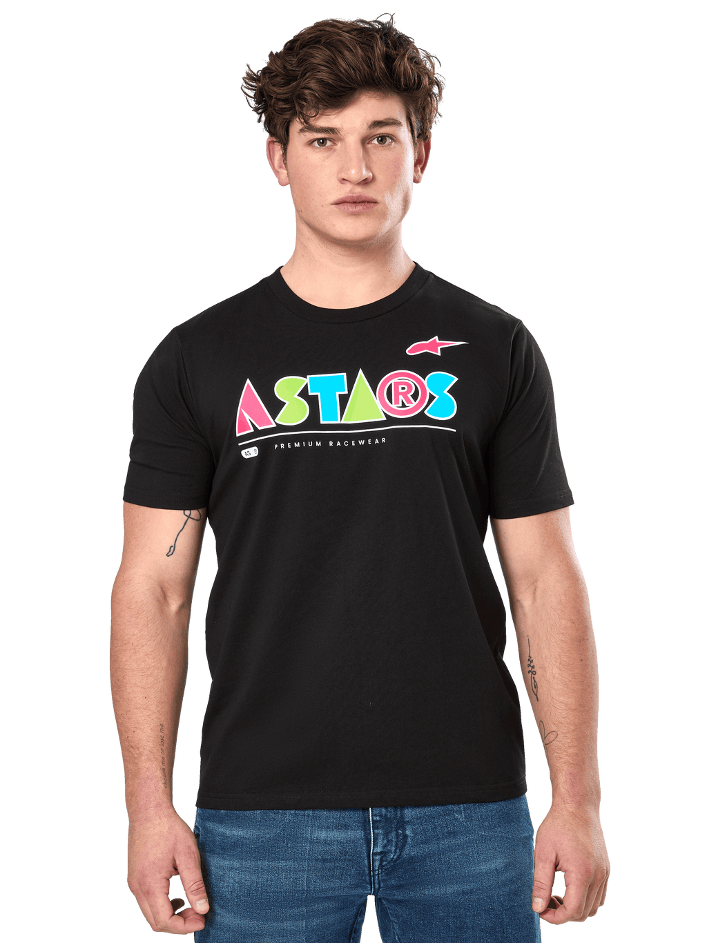 Alpinestars Cereal CSF Tee, Black Short Sleeve T-Shirt, worn by male model, colorful geometric ASTARS logo with Premium Racewear text, casual motorsport streetwear