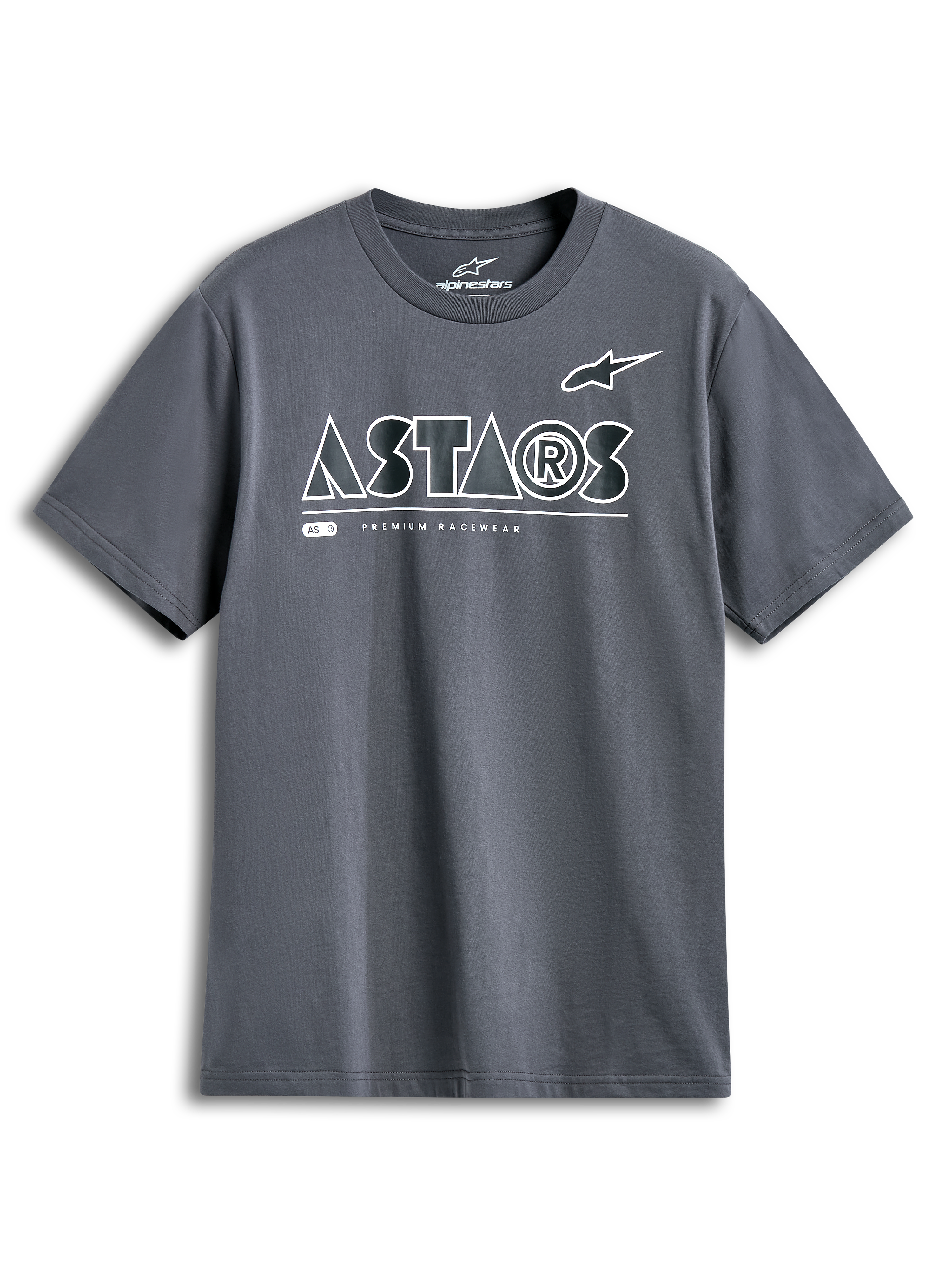 Alpinestars Cereal CSF Tee, Short Sleeve T-Shirt, Charcoal, white geometric ASTARS logo with Premium Racewear text, casual motorsport streetwear