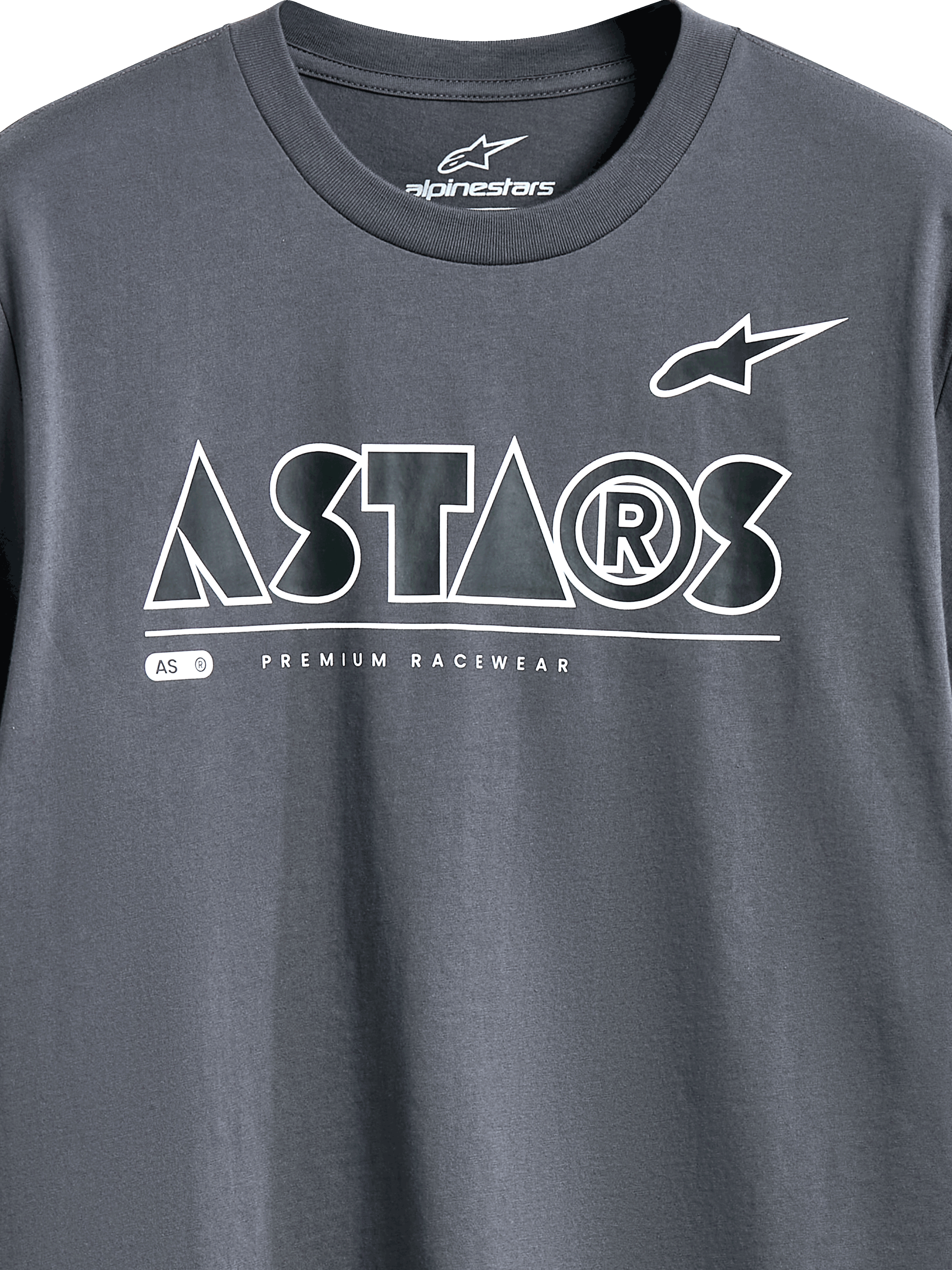 Alpinestars Cereal CSF Tee, Short Sleeve T-Shirt, Charcoal, detail view of front chest graphic featuring white geometric ASTARS text logo and PREMIUM RACEWEAR tagline, casual motorsport streetwear