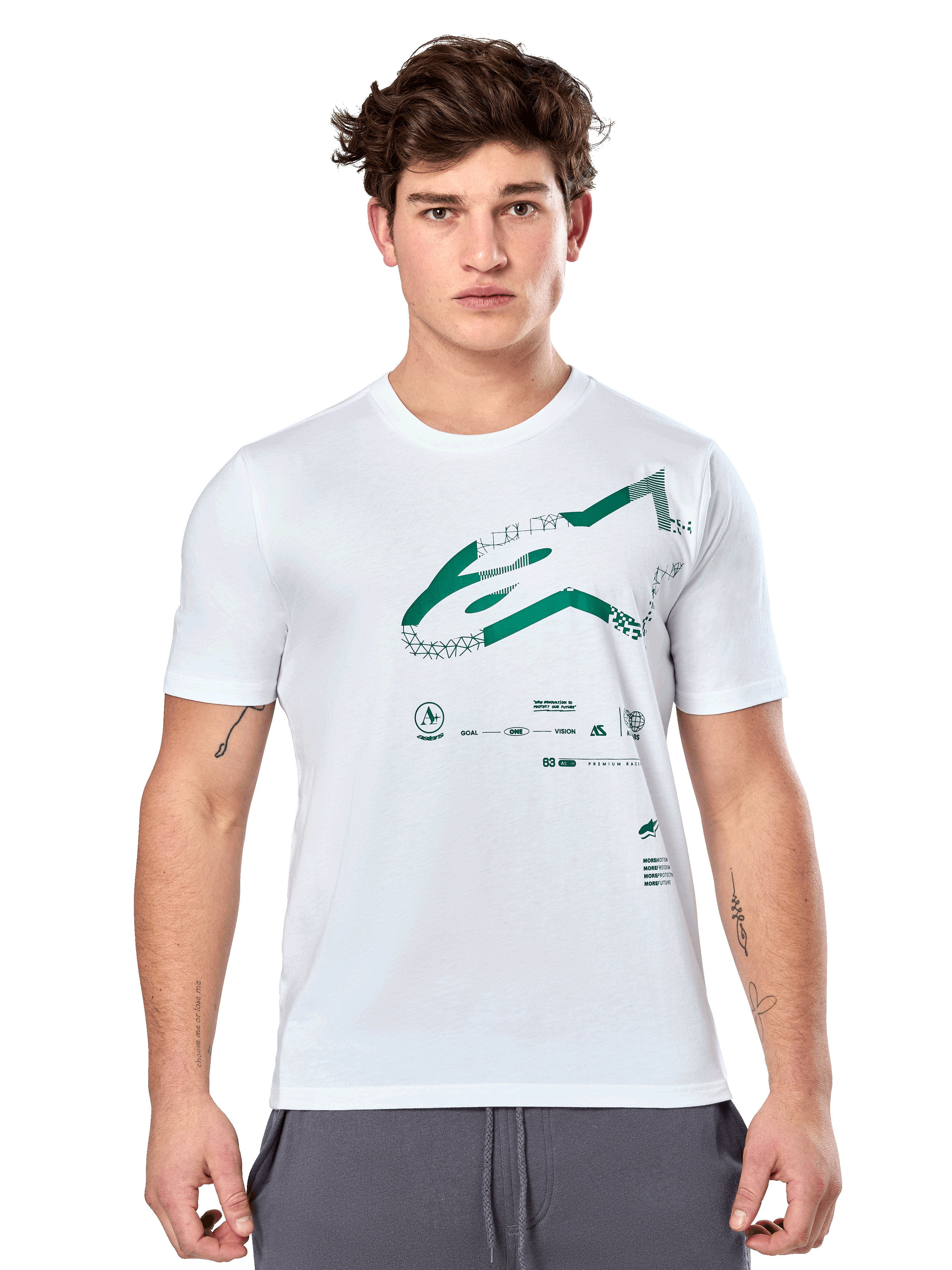 Alpinestars Geografica CSF Tee, weißes Kurzarm-T-Shirt mit grüner Multi-Tech Astars-Grafik und technischen Symbolen, lässige Motorsport-Sportbekleidung