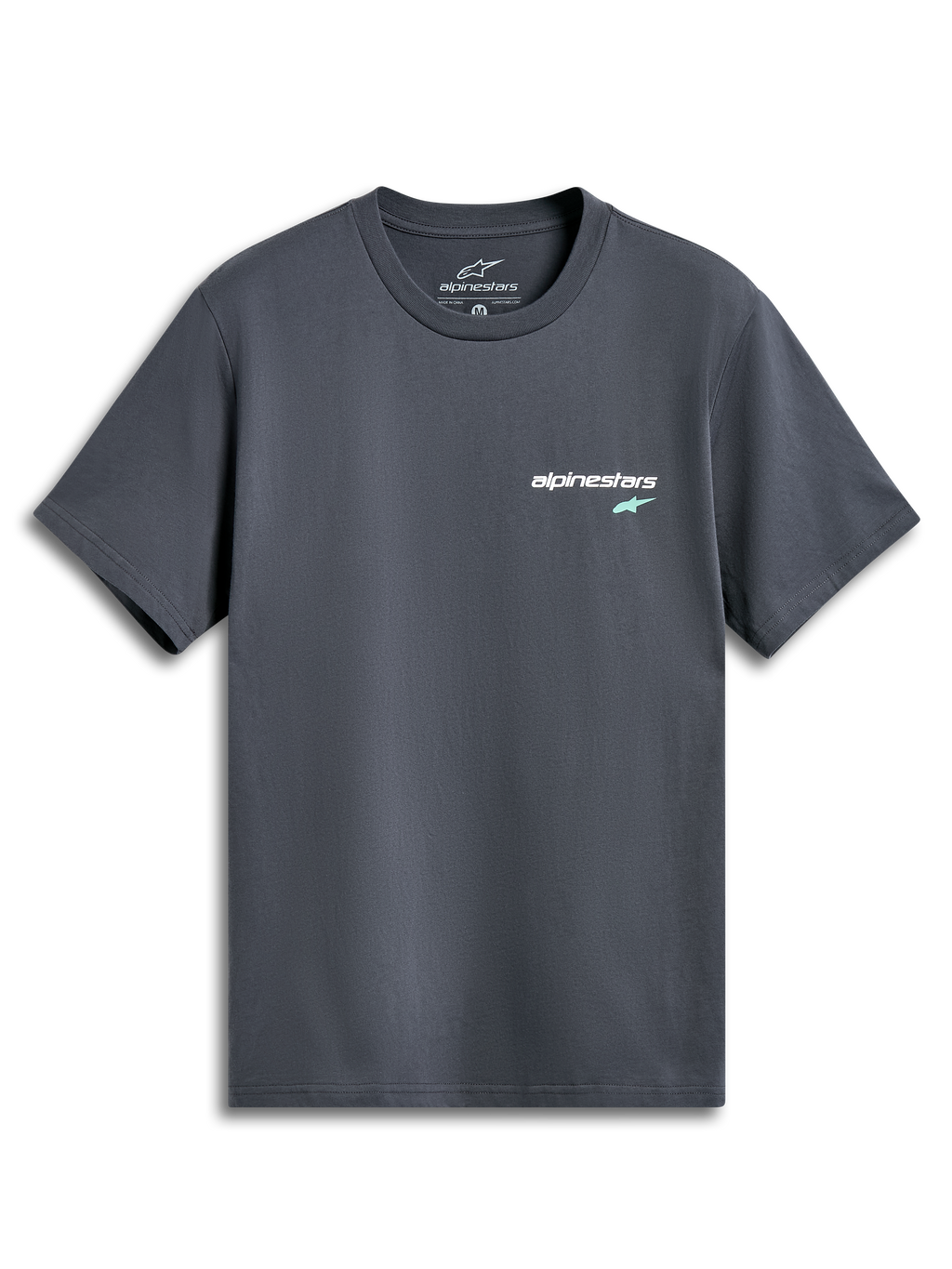 Alpinestars No Barrier CSF Tee, Short Sleeve T-Shirt, Charcoal Grey, Small white text logo with mint green star on the chest, Casual motorsport-inspired streetwear