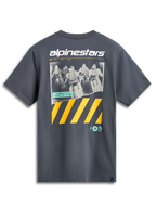 Alpinestars No Barrier CSF Tee, Short Sleeve T-Shirt, Charcoal, large graphic featuring a distressed motocross photo, white Alpinestars branding, and bold yellow diagonal stripes, casual motorsport streetwear