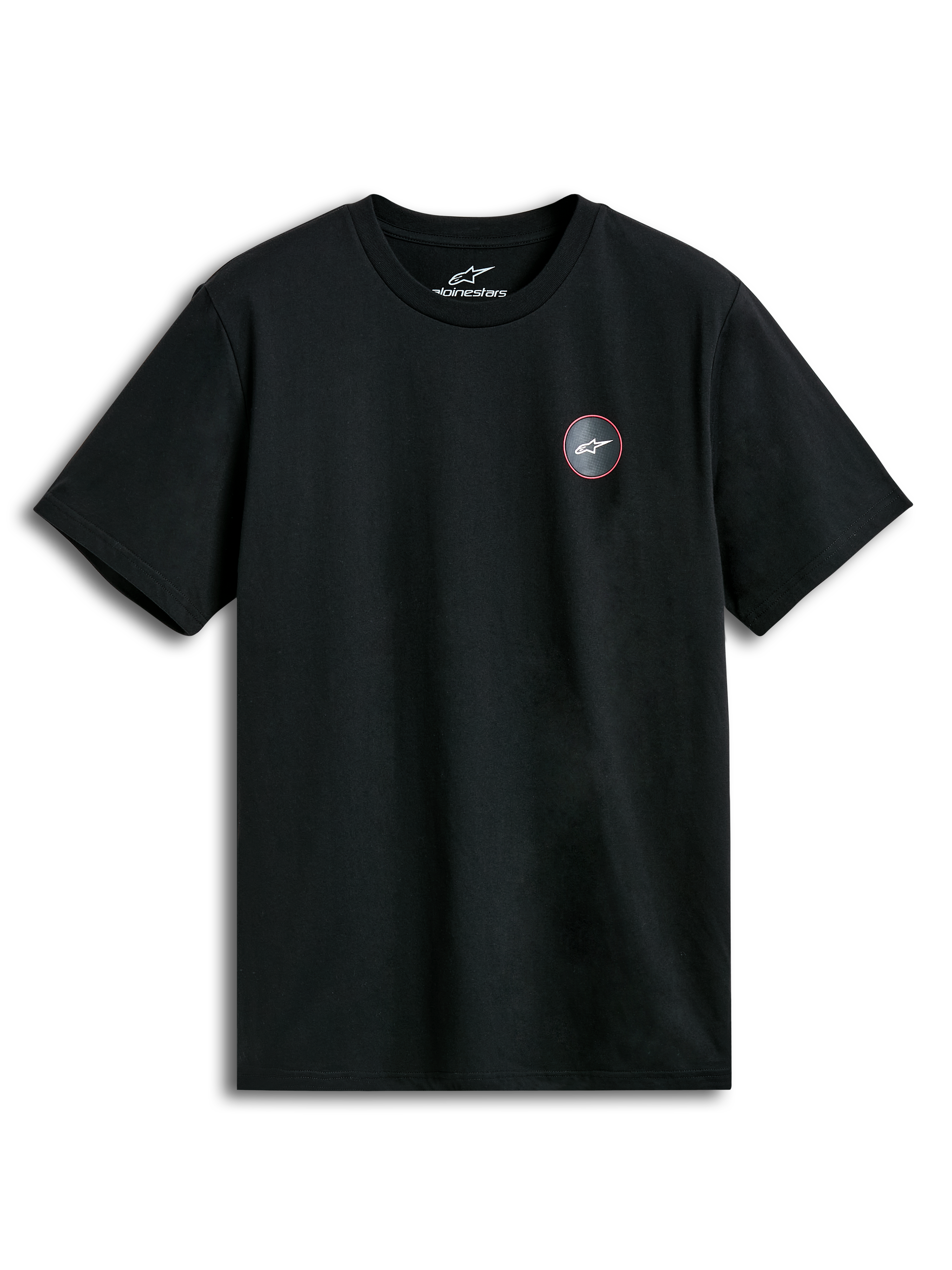 Alpinestars Dot Carbon CSF T-Shirt, schwarzes Kurzarm-Sportswear-T-Shirt mit Carbonfaser-Look-Brustlogo-Grafik.
