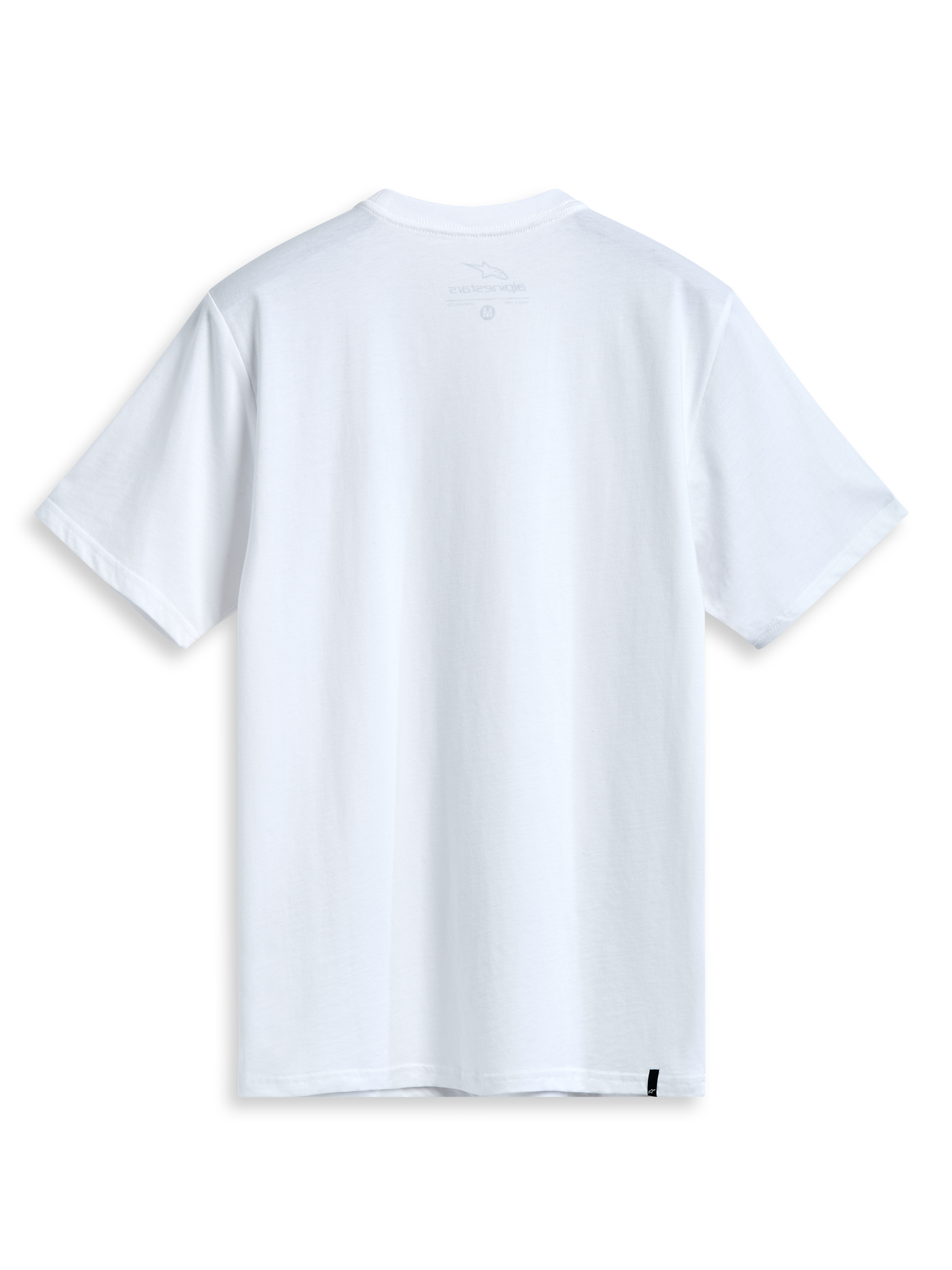 Alpinestars Dot Carbon Csf T-Shirt, weißes Kurzarm-Sportswear-T-Shirt, Rückansicht mit internem Nackendruck und externer Etikettierung.