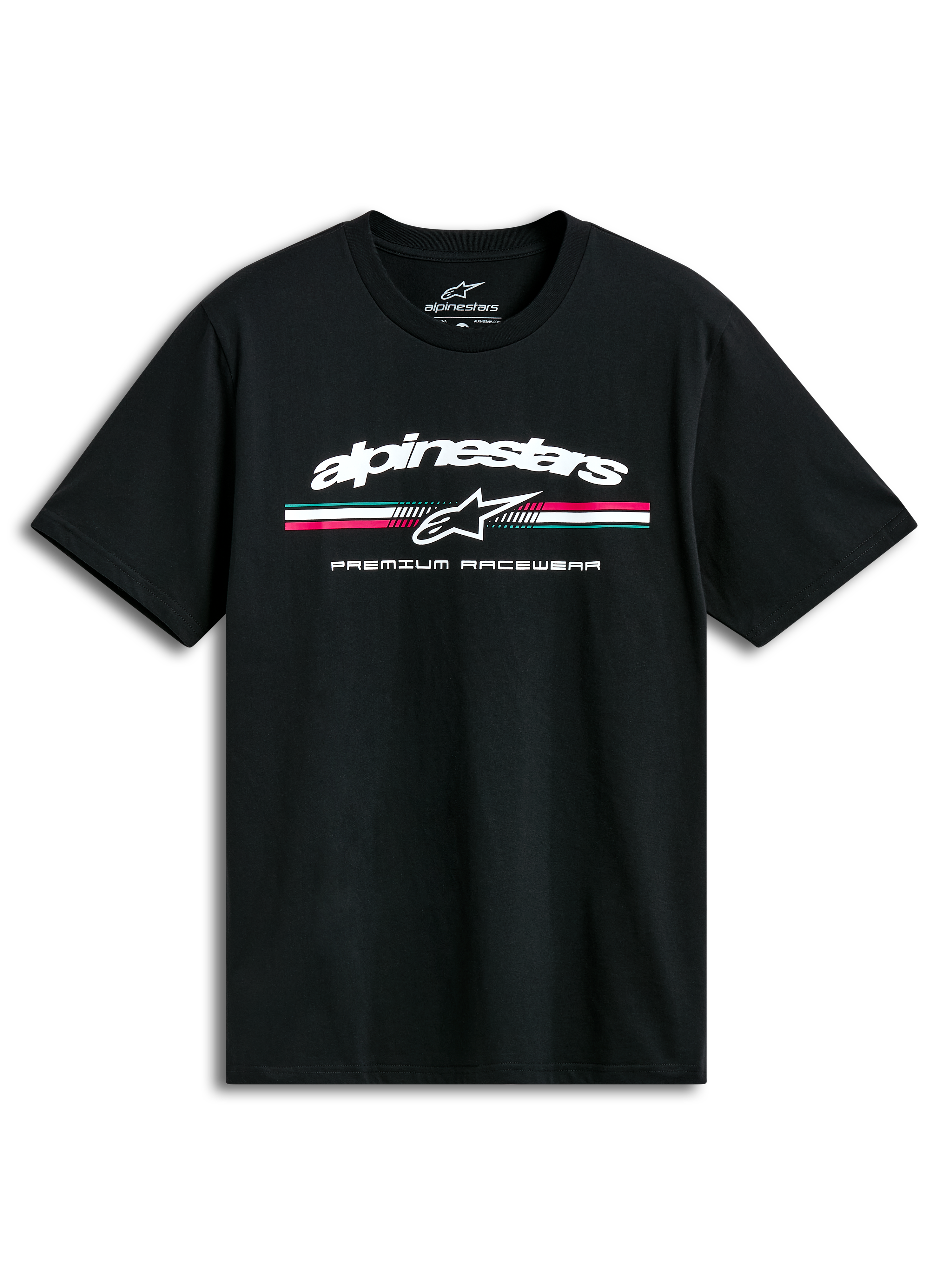 Alpinestars Prevail CSF T-Shirt, schwarzes Kurzarm-Sportswear-T-Shirt mit dreifarbigem Streifenlogo im Paddock-Stil auf der Front und weichem Handdruck.