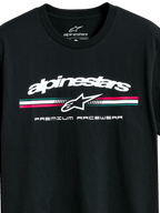 Alpinestars Prevail CSF Tee, Short Sleeve T-Shirt, Black, White Alpinestars Logo with Teal Pink and White Tri-Color Stripe, Premium Racewear Graphic, Casual Motorsport Sportswear