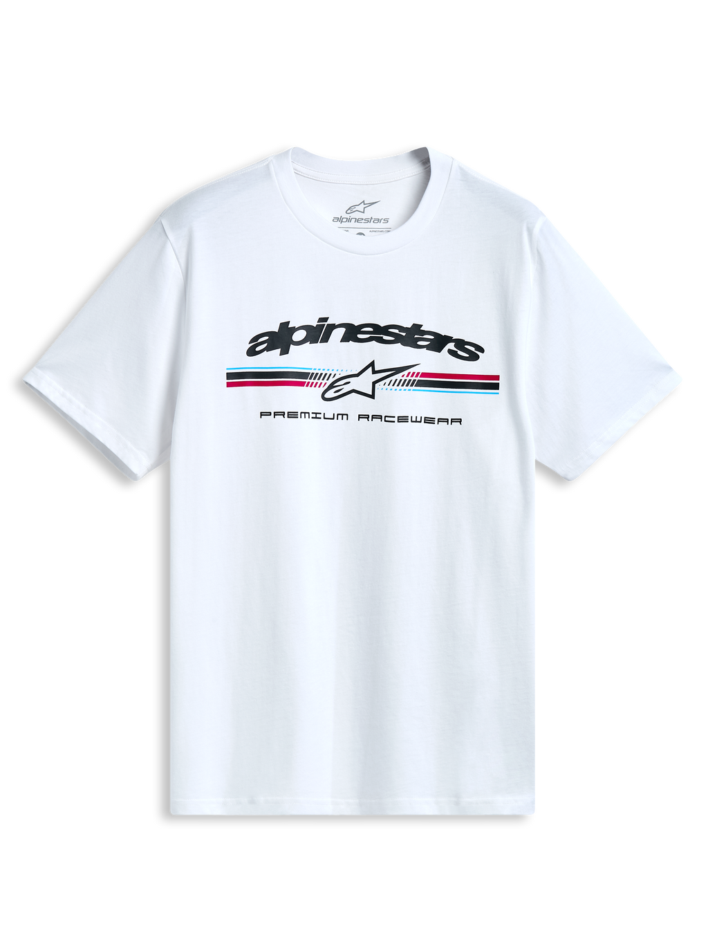 Alpinestars Prevail CSF T-Shirt, weißes Kurzarm-Sportswear-T-Shirt mit dreifarbigem Streifenlogo im Paddock-Stil auf der Vorderseite.