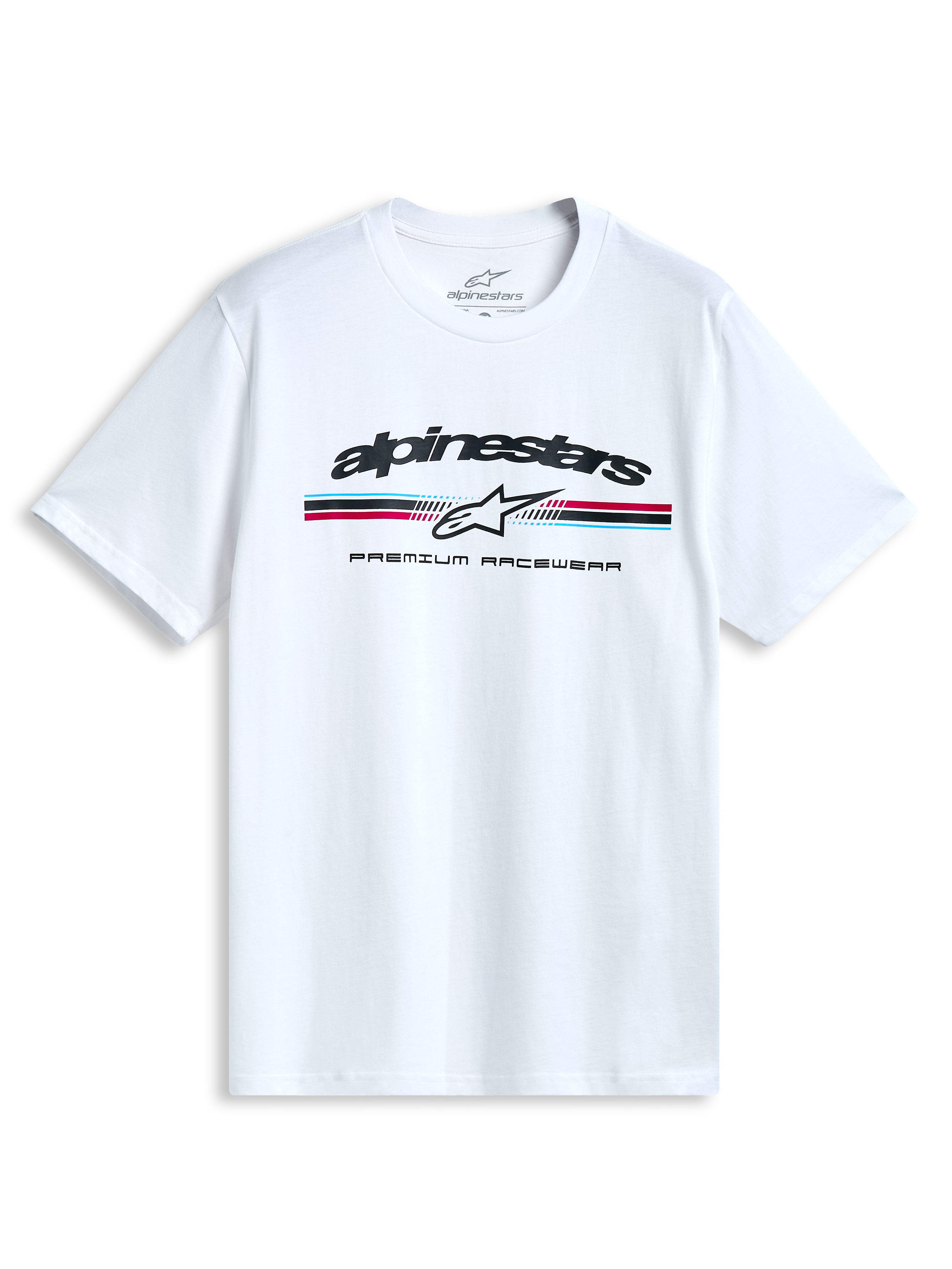 Alpinestars Prevail CSF T-Shirt, weißes Kurzarm-Sportswear-T-Shirt mit dreifarbigem Streifenlogo im Paddock-Stil auf der Vorderseite.