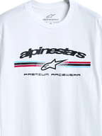 Alpinestars Prevail CSF Tee, Kurzarm-T-Shirt, Weiß, dreifarbiges Streifenlogo im Paddock-Stil mit Alpinestars-Sternsymbol und Premium Racewear Text, lässiges vom Motorsport inspiriertes Design