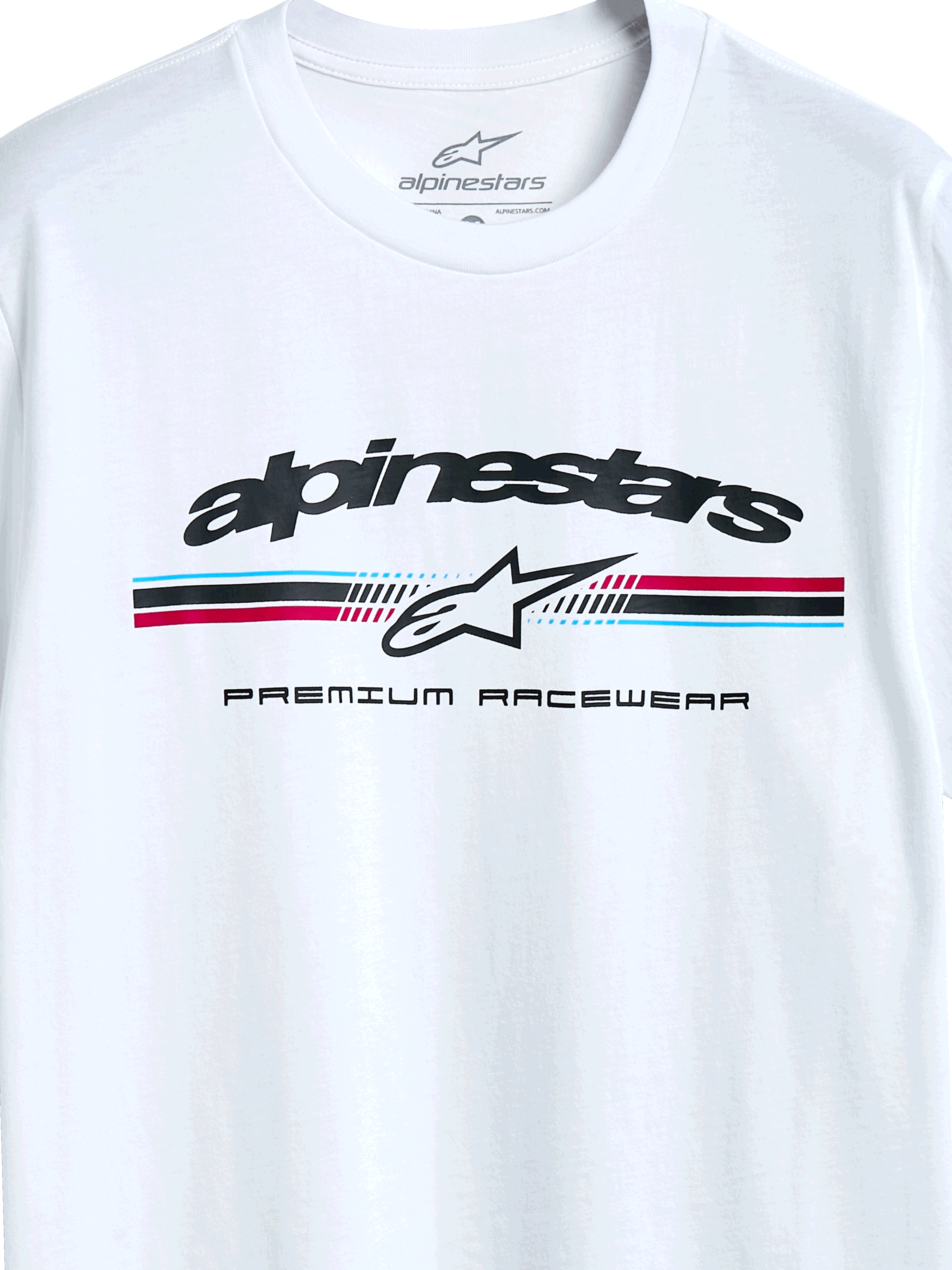 Alpinestars Prevail CSF Tee, Kurzarm-T-Shirt, Weiß, dreifarbiges Streifenlogo im Paddock-Stil mit Alpinestars-Sternsymbol und Premium Racewear Text, lässiges vom Motorsport inspiriertes Design