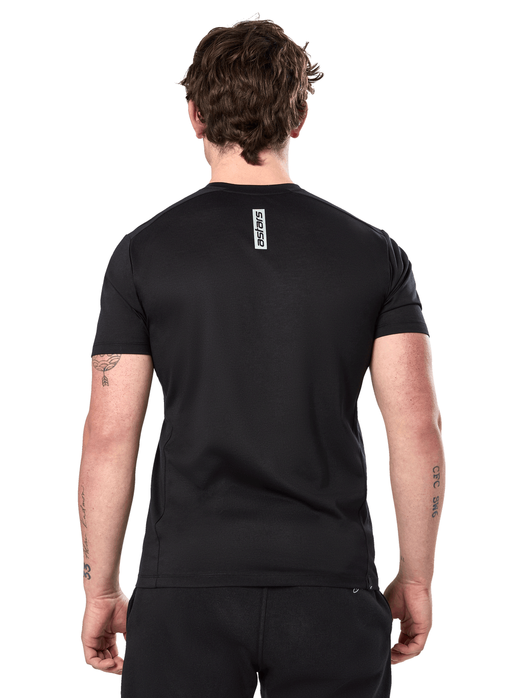 Alpinestars Point Performance Tee, Short Sleeve T-Shirt, Black, rear view on a man featuring a vertical astars word print on the upper back, casual performance sportswear